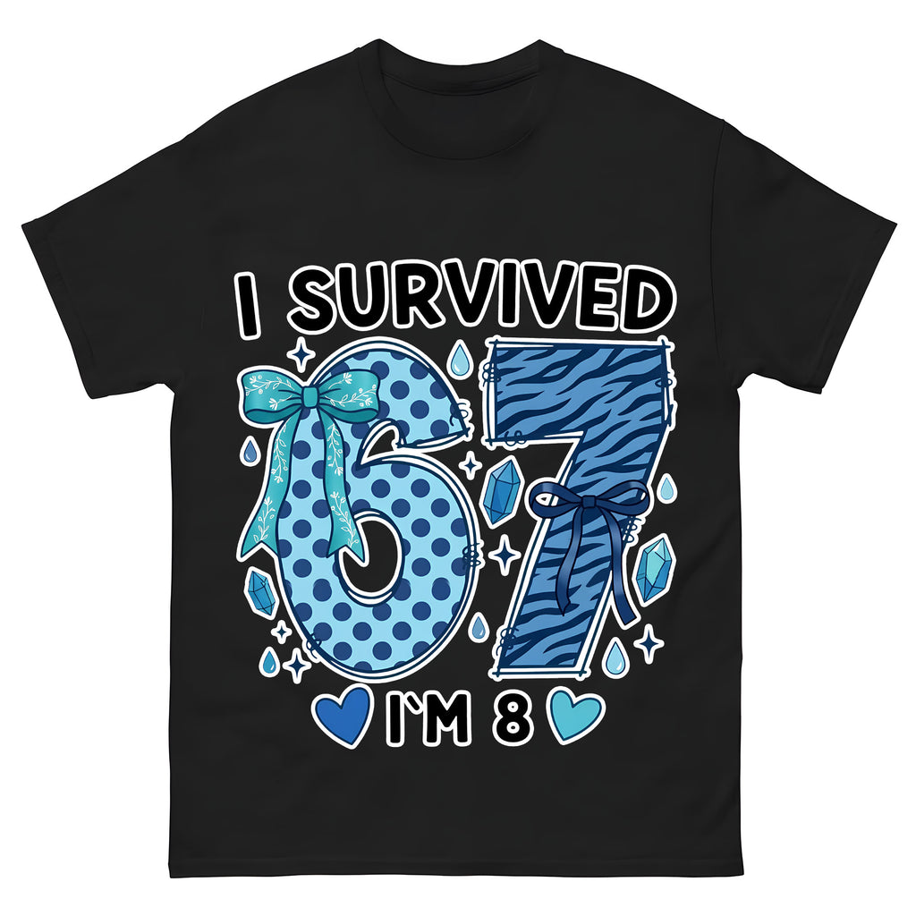 I Survived 67 I'm 8 Birthday Shirt for Girls, Funny 8th Birthday Tee, Blue Bow Zebra Print 8 Year Old Birthday Party T-Shirt