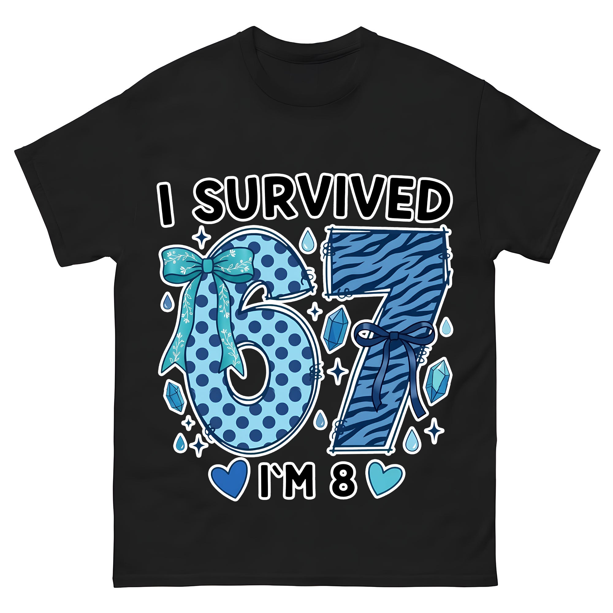 I Survived 67 I'm 8 Birthday Shirt for Girls, Funny 8th Birthday Tee, Blue Bow Zebra Print 8 Year Old Birthday Party T-Shirt