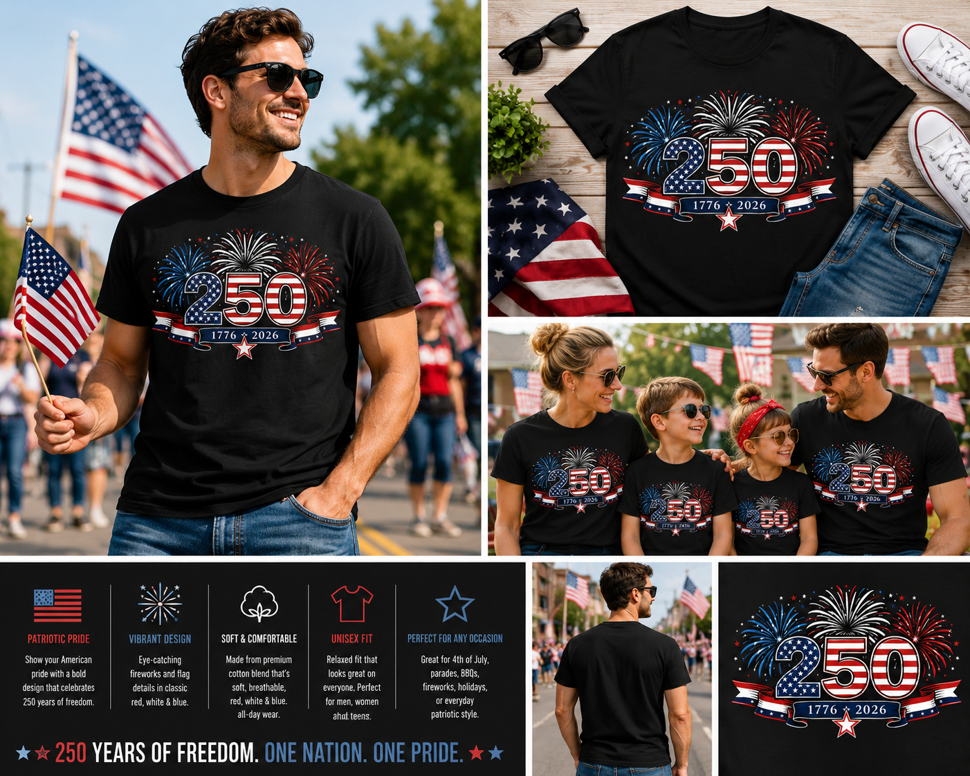 America 250th Anniversary Shirt – 1776–2026 Patriotic Fireworks T-Shirt, USA Independence Day Graphic Tee