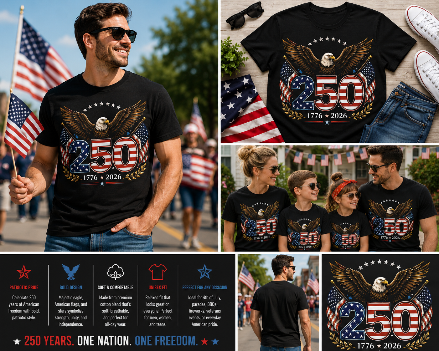 America 250th Anniversary Eagle Shirt – Patriotic 1776–2026 USA Flag T-Shirt, American Freedom Graphic Tee