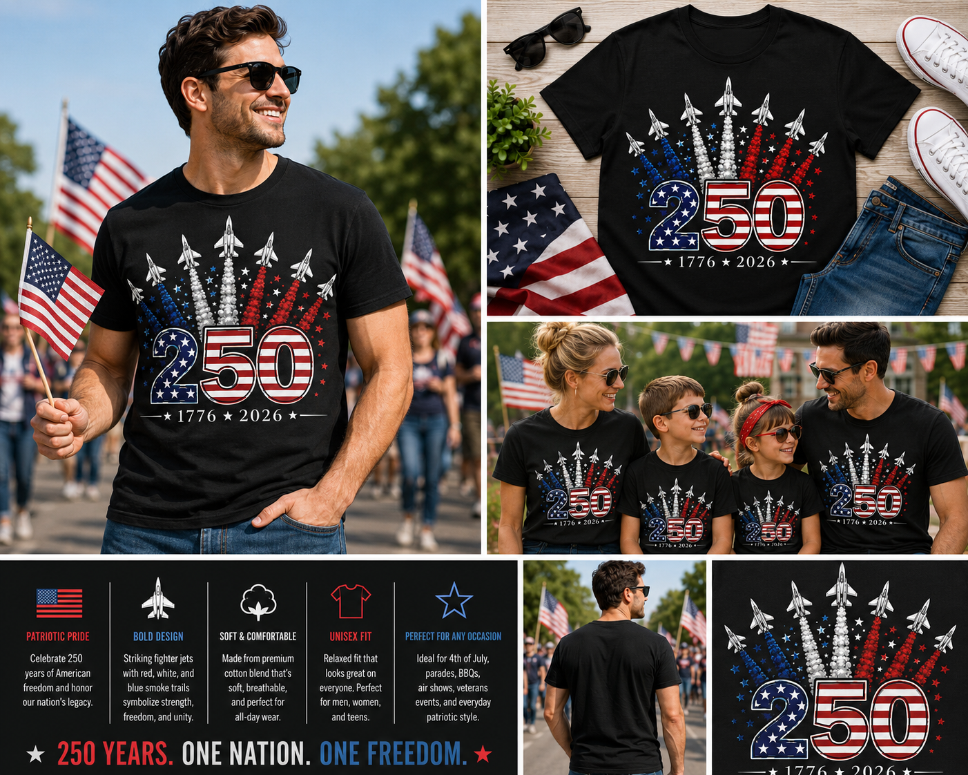 America 250th Anniversary Fighter Jet Shirt – Patriotic 1776–2026 USA T-Shirt, Red White Blue Freedom Graphic Tee