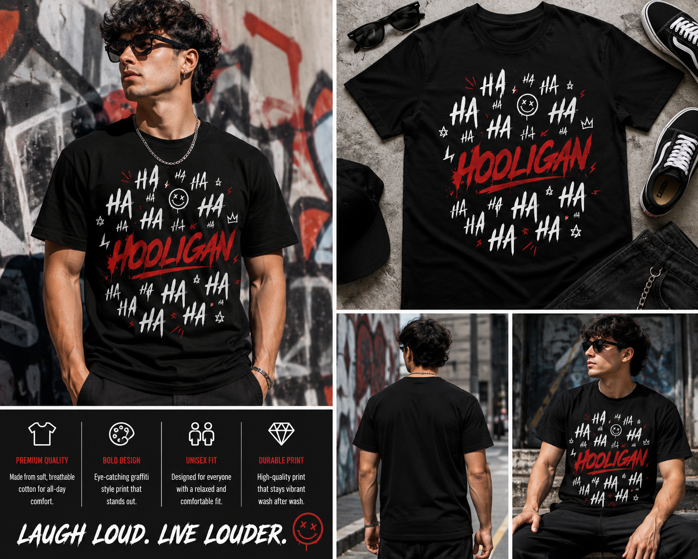 Hooligan Graffiti T-Shirt – Funny Streetwear Graphic Tee, Edgy Urban Style Black Shirt