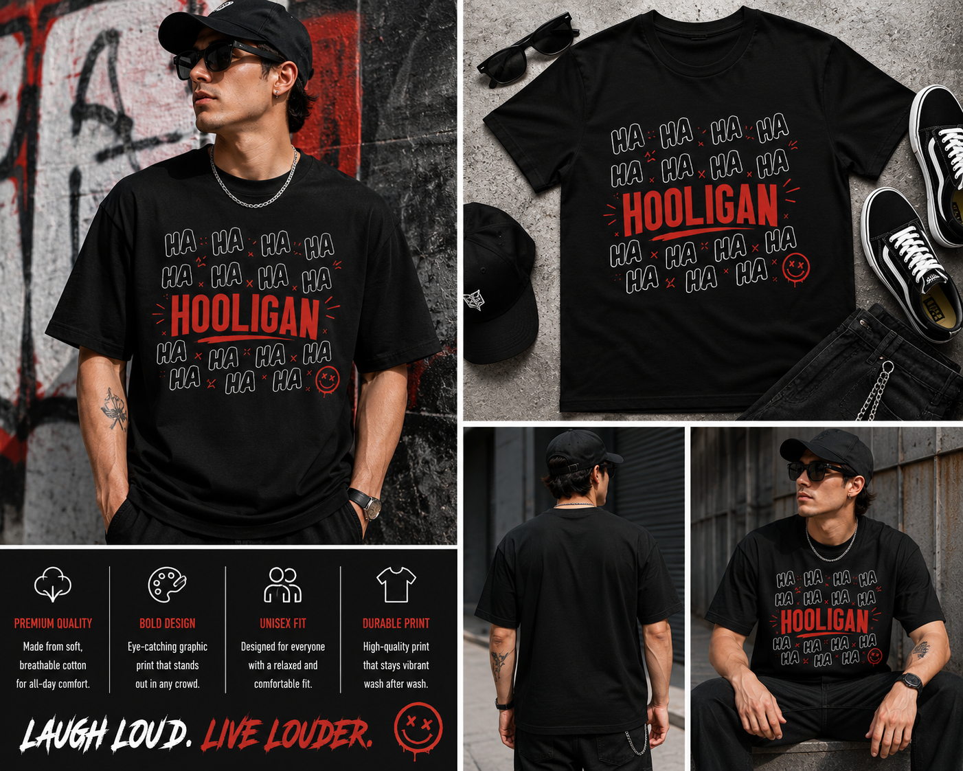 Hooligan Streetwear T-Shirt – Funny Graffiti Graphic Tee, Urban Red Black Aesthetic Shirt