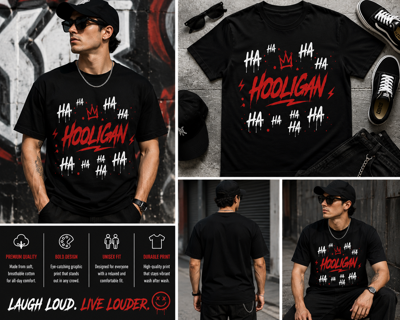 Hooligan Graffiti T-Shirt – Red Black Streetwear Graphic Tee, Urban Drip Style Unisex Shirt