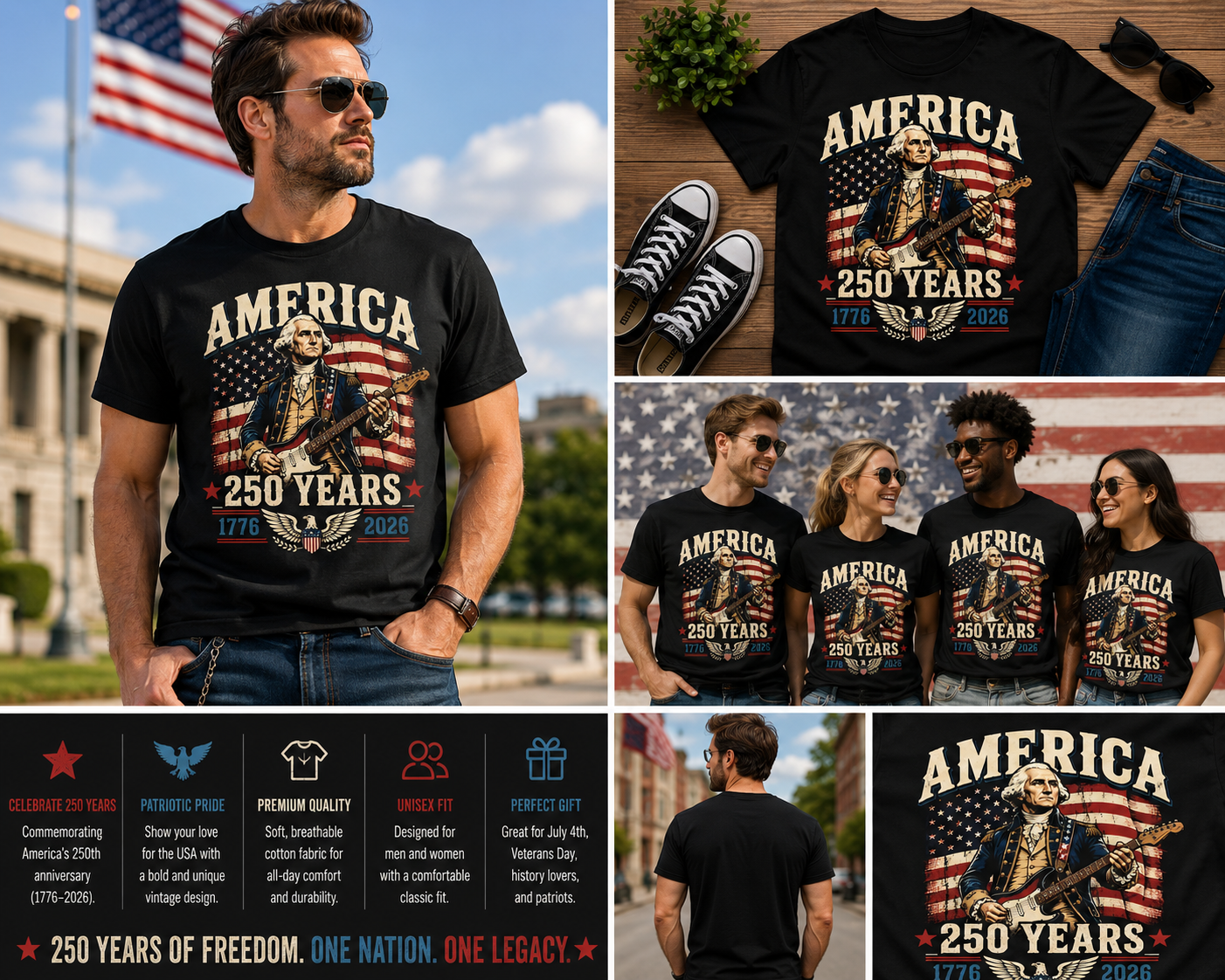 Vintage America 250 Years T-Shirt – George Washington Guitar Graphic Tee (1776–2026 Patriotic Edition)