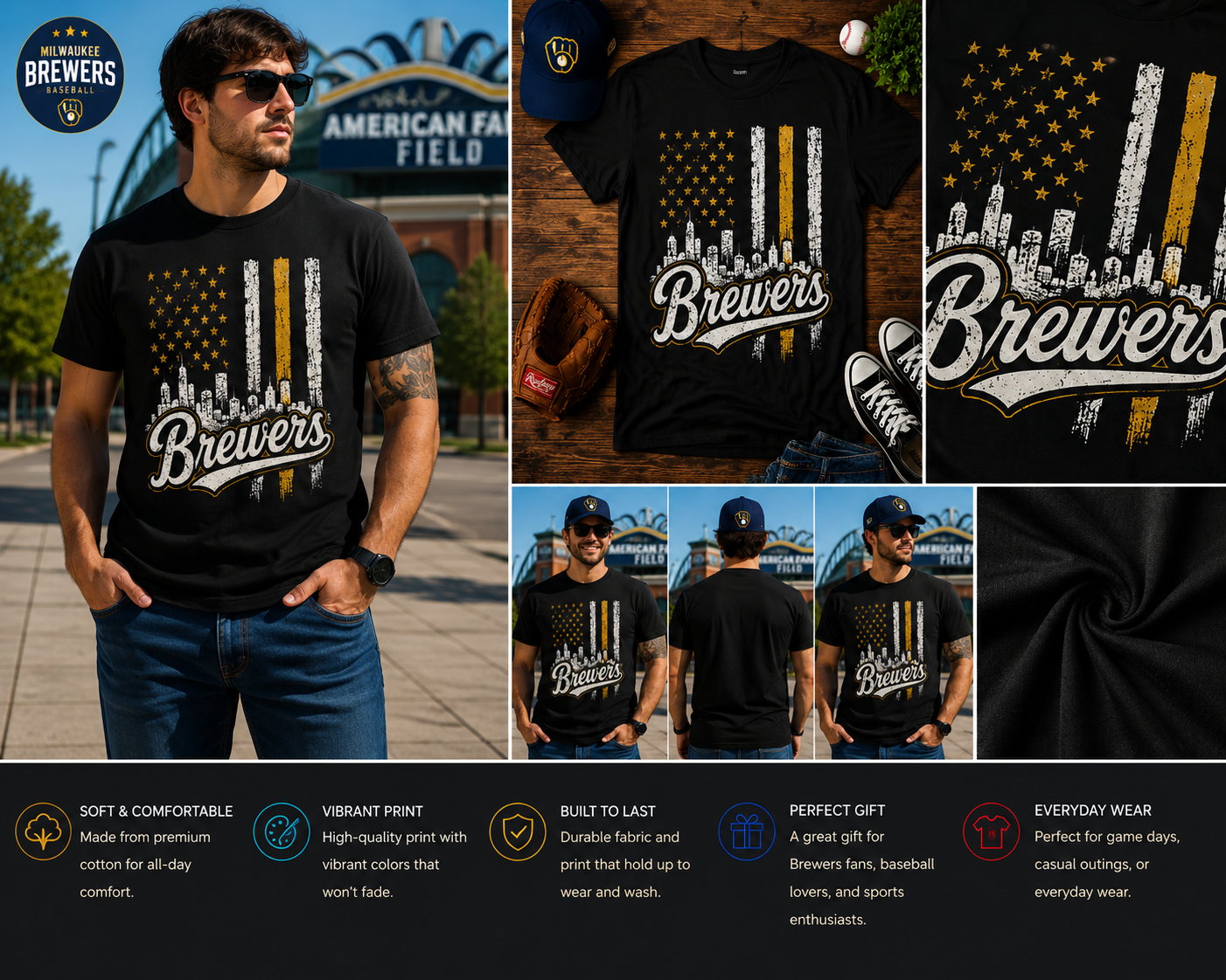 Milwaukee Brewers Vintage American Flag T-Shirt – Retro Baseball Fan Graphic Tee for Men, Women & Kids