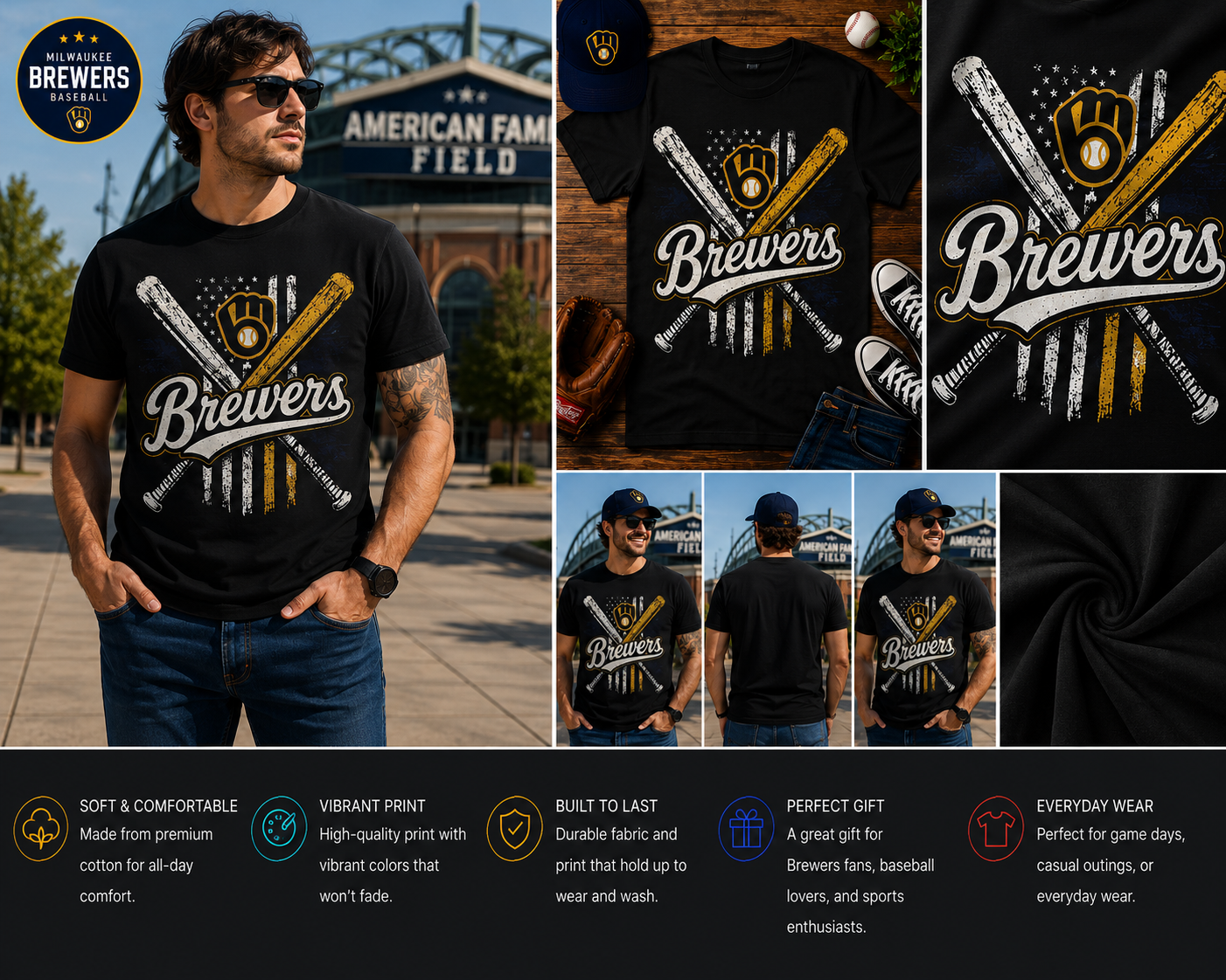 Milwaukee Brewers Vintage Baseball Bats T-Shirt – Retro American Flag Fan Graphic Tee for Men, Women & Kids