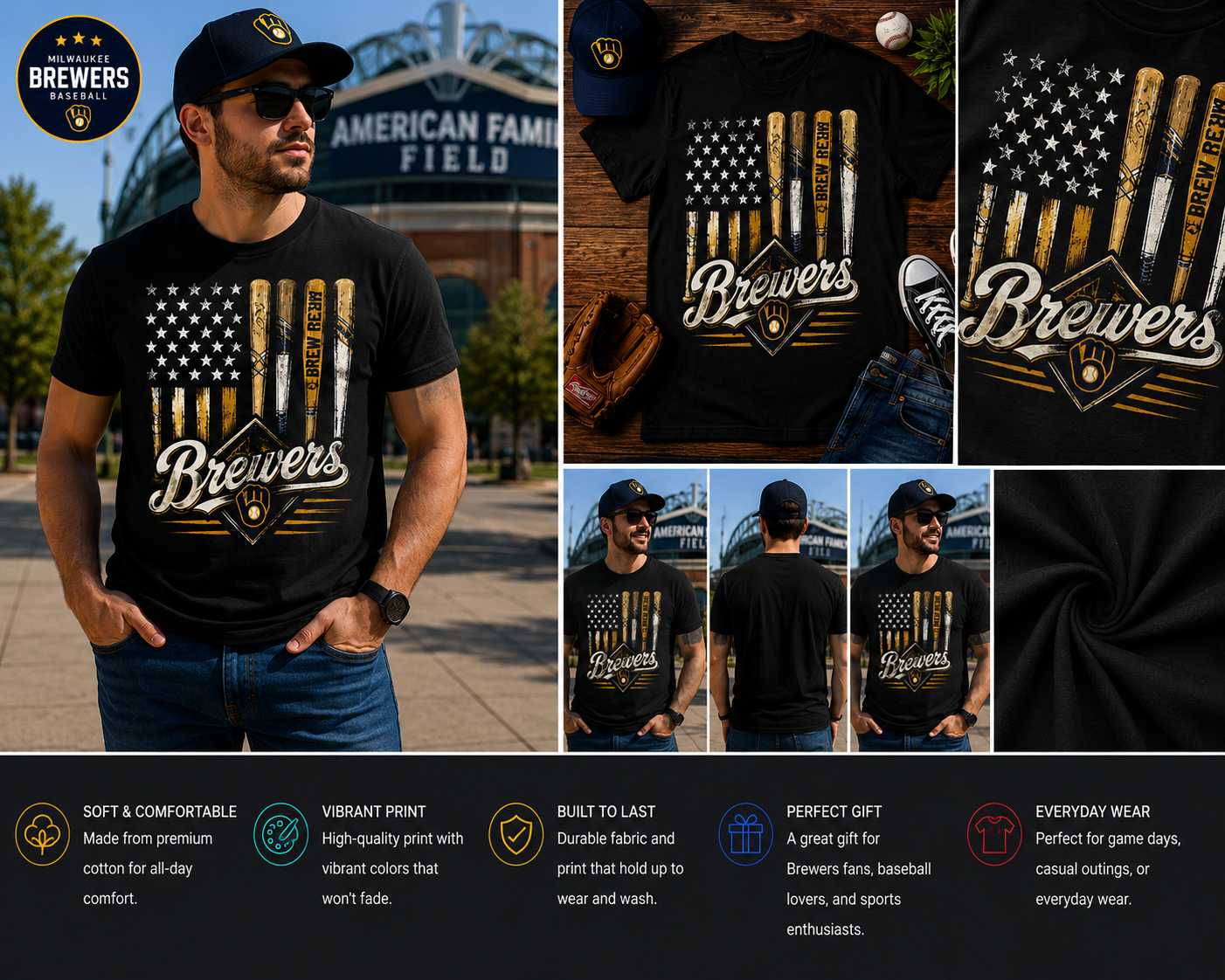 Milwaukee Brewers Vintage Baseball Bat American Flag T-Shirt – Retro Baseball Fan Graphic Tee for Men, Women & Kids