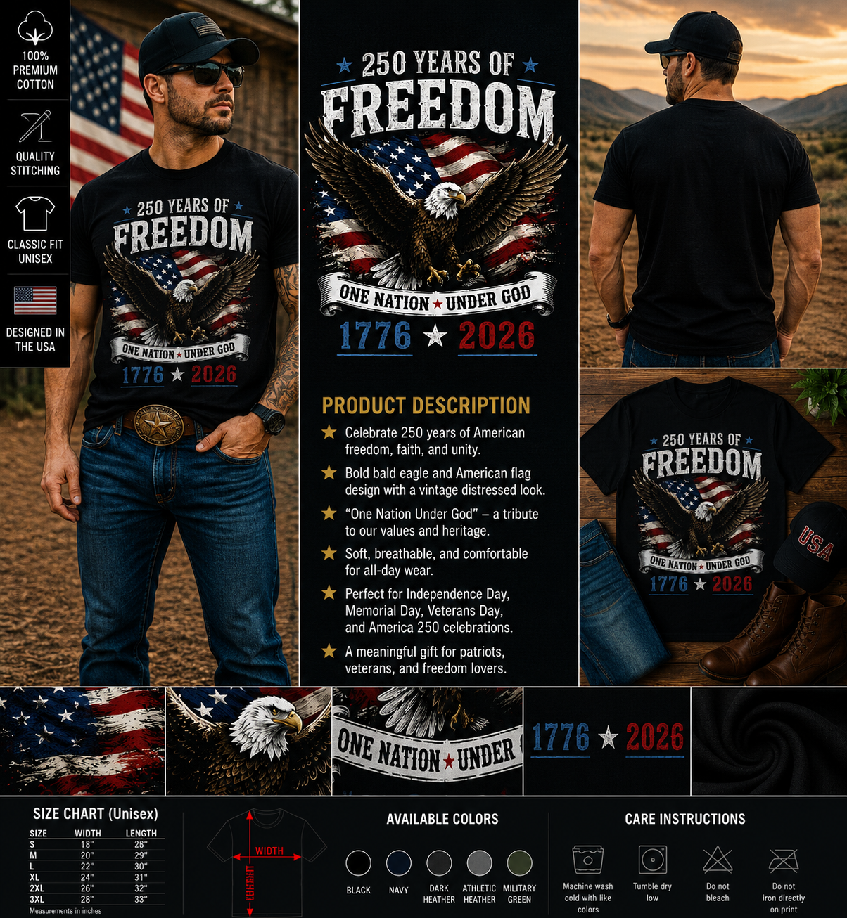 250 Years of Freedom Patriotic Eagle 1776–2026 Independence Day T-Shirt