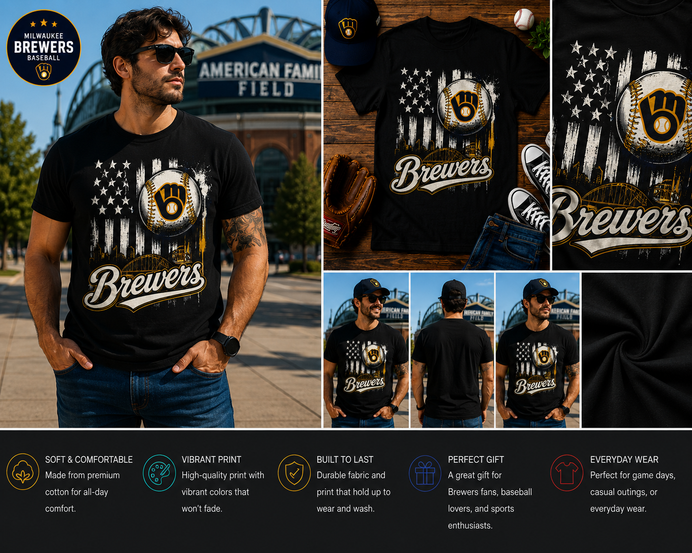 Milwaukee Brewers Vintage Baseball American Flag T-Shirt – Retro Baseball Fan Graphic Tee for Men, Women & Kids