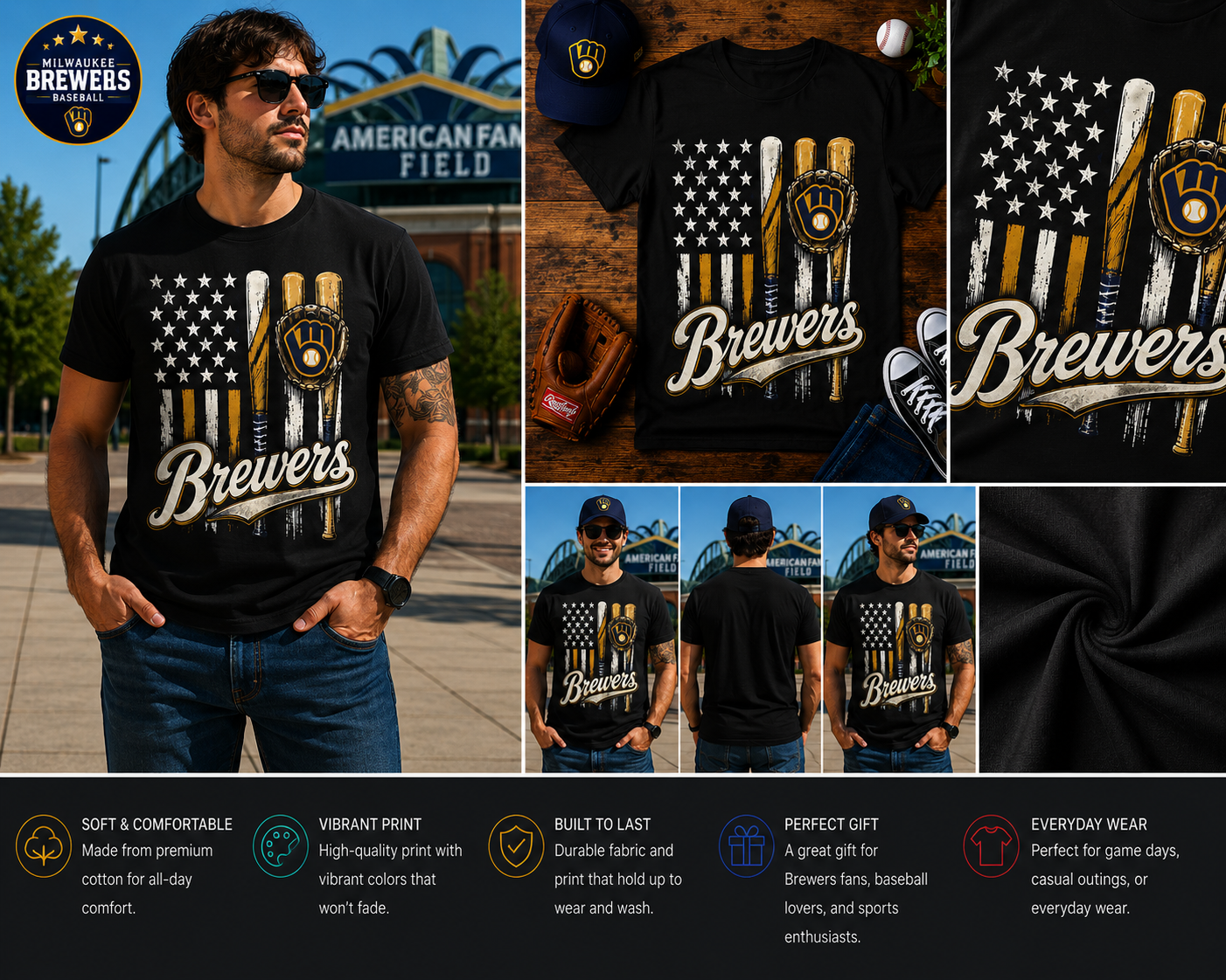 Milwaukee Brewers Vintage Baseball Glove & Bat T-Shirt – Retro American Flag Fan Graphic Tee for Men, Women & Kids