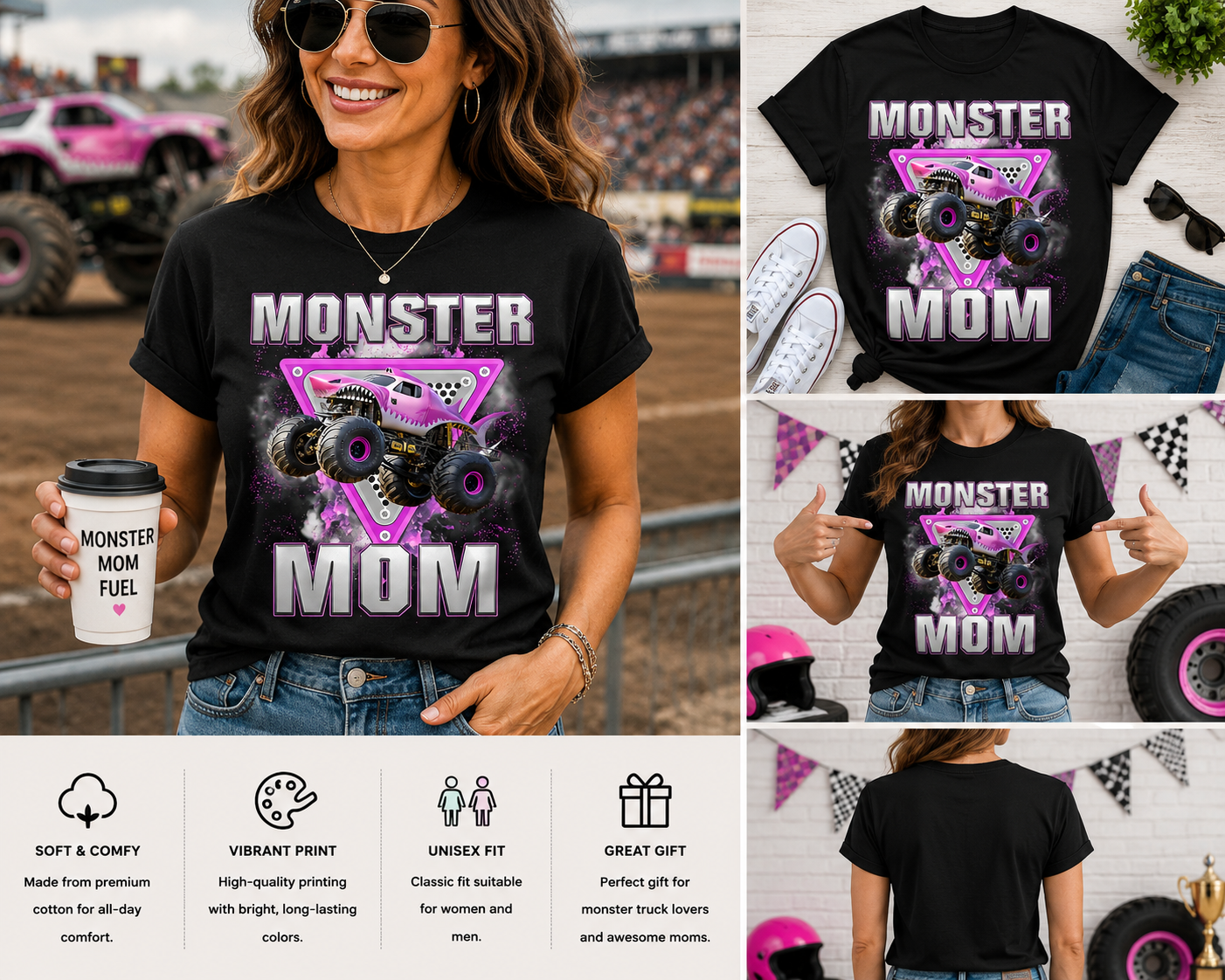 Monster Mom Monster Truck Shirt for Women – Pink Monster Truck Graphic Tee – Cool Monster Truck Mama T-Shirt – Gift for Truck Lover Moms