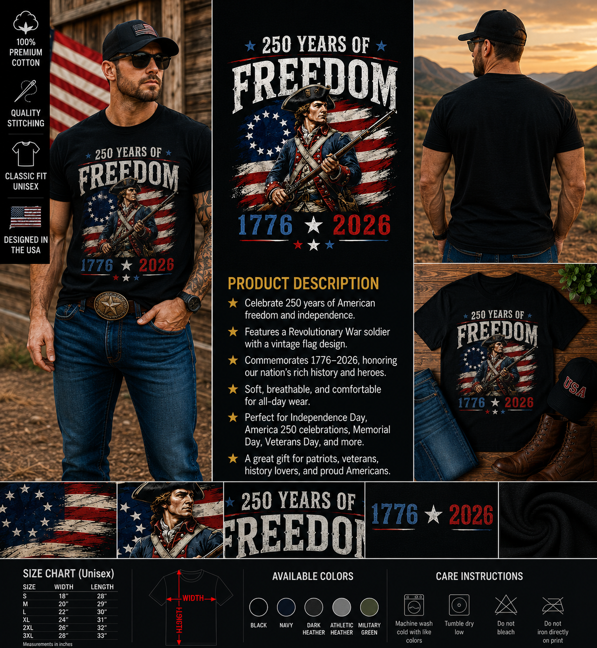 250 Years of Freedom 1776–2026 Revolutionary War Patriotic T-Shirt