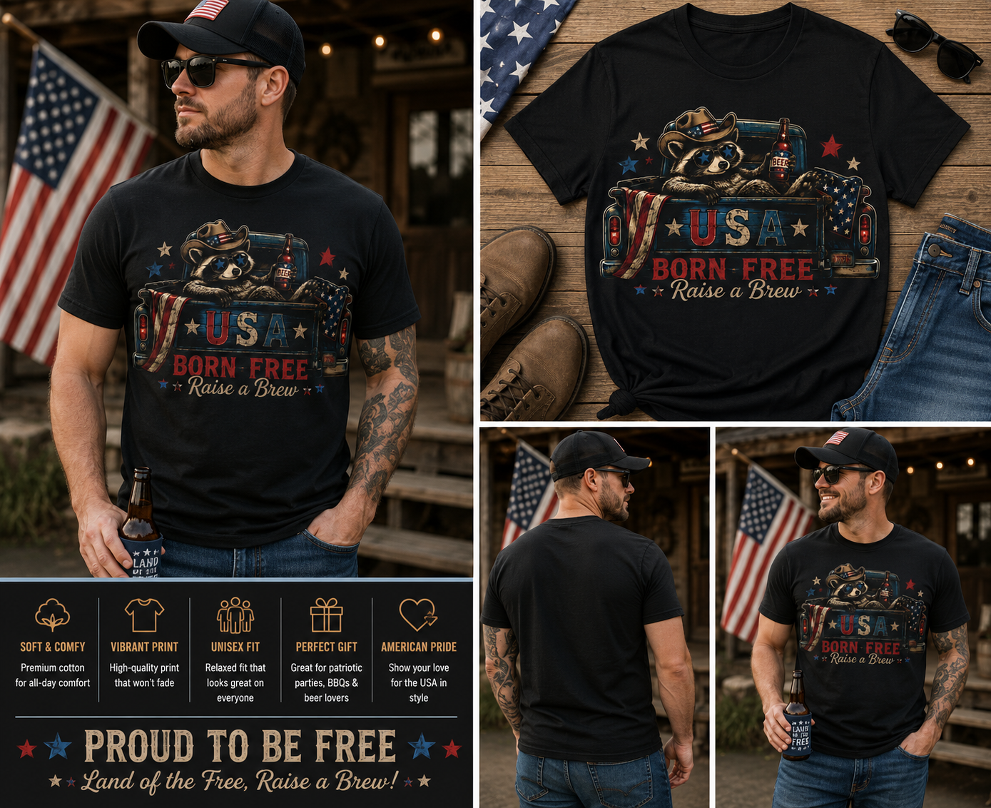Patriotic Raccoon Beer T-Shirt – Retro USA Independence Day Tee