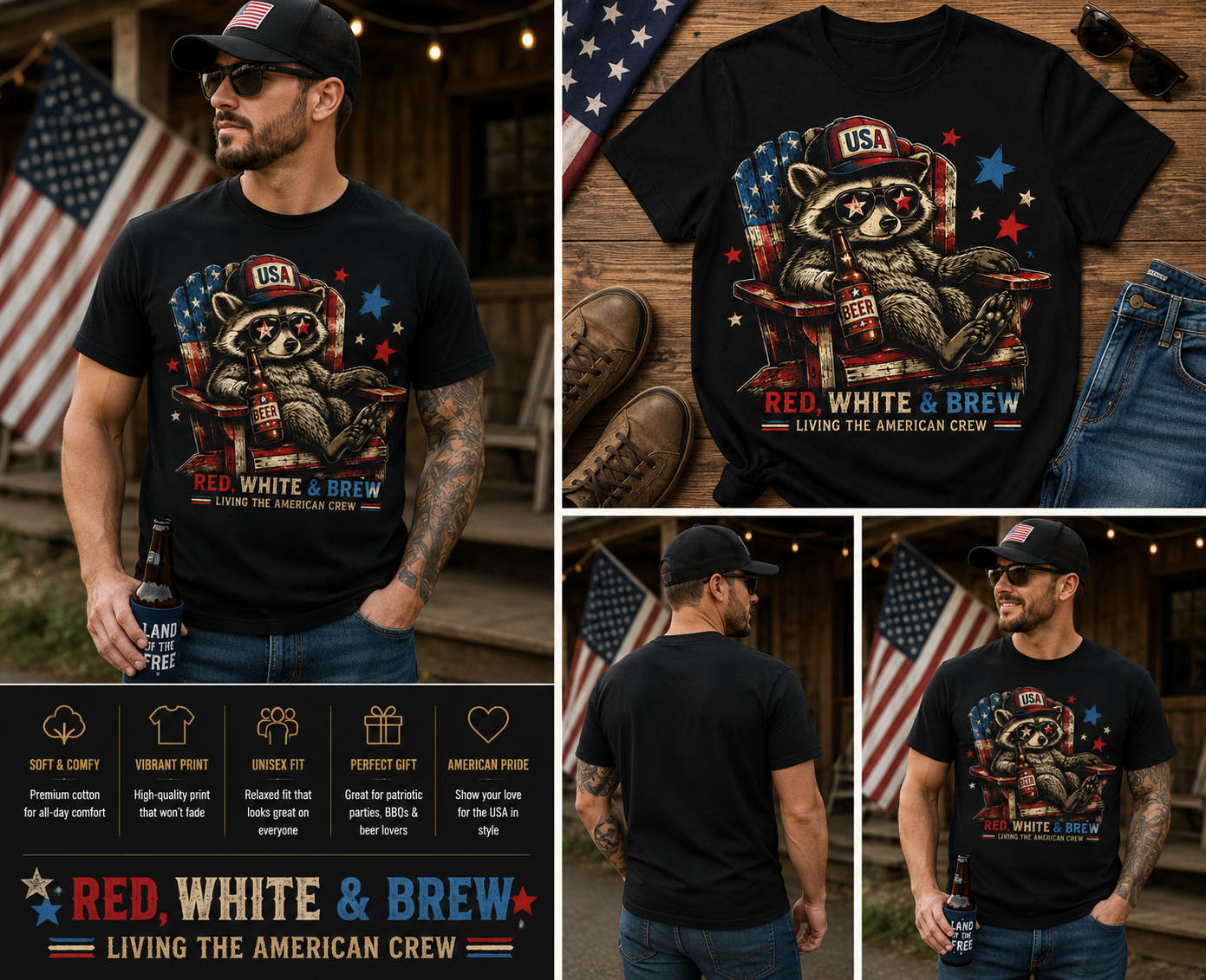 Red White & Brew Raccoon Shirt – Funny Patriotic Beer Tee