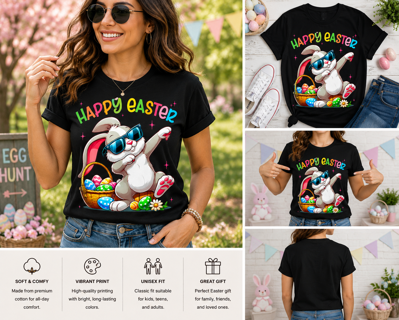 Funny Dabbing Bunny Easter Shirt – Happy Easter Bunny Graphic Tee – Cute Easter Rabbit T-Shirt for Kids & Adults – Easter Party Shirt