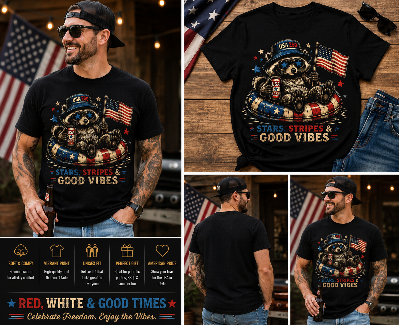 Stars Stripes & Good Vibes Raccoon Shirt – Funny Patriotic Tee