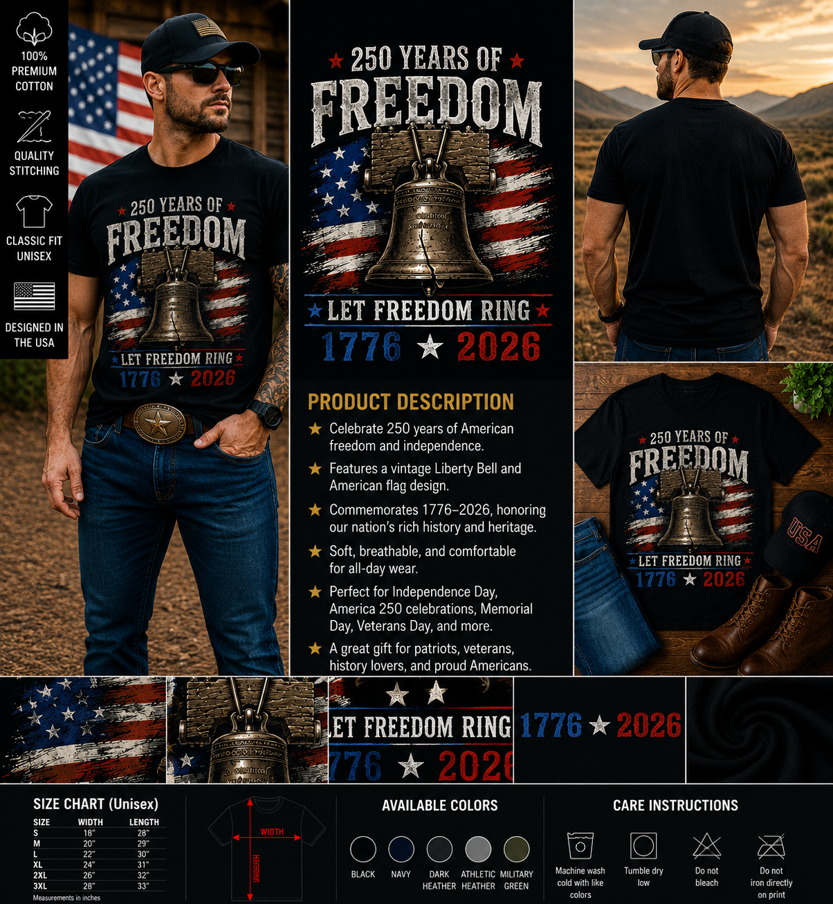 250 Years of Freedom Let Freedom Ring 1776–2026 Patriotic Liberty Bell T-Shirt