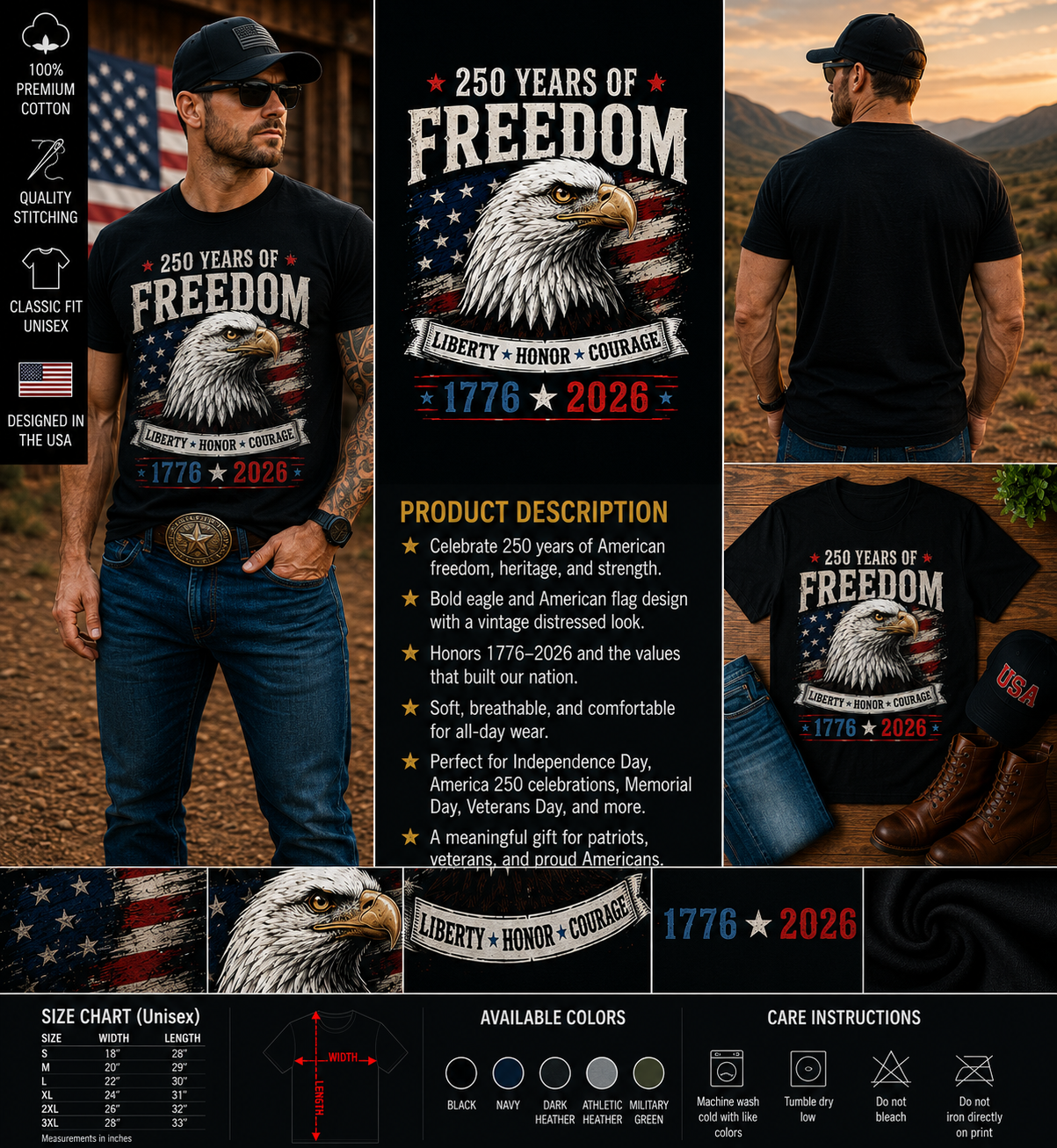 250 Years of Freedom Eagle 1776–2026 Patriotic American Heritage T-Shirt