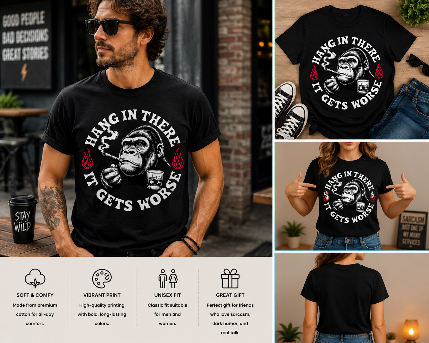 Hang In There It Gets Worse Shirt – Funny Sarcastic Monkey T-Shirt – Dark Humor Graphic Tee – Retro Cynical Humor Shirt