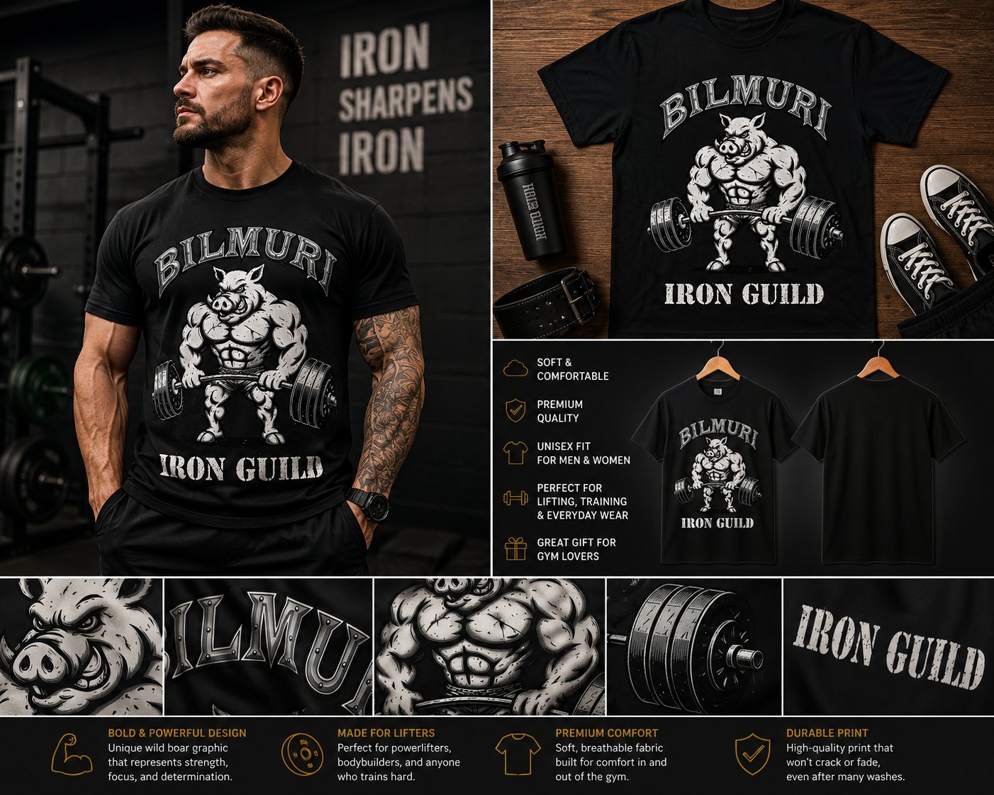 Bilmuri Iron Guild Wild Boar Weightlifting Shirt – Heavy Lifter Powerlifting Gym T-Shirt