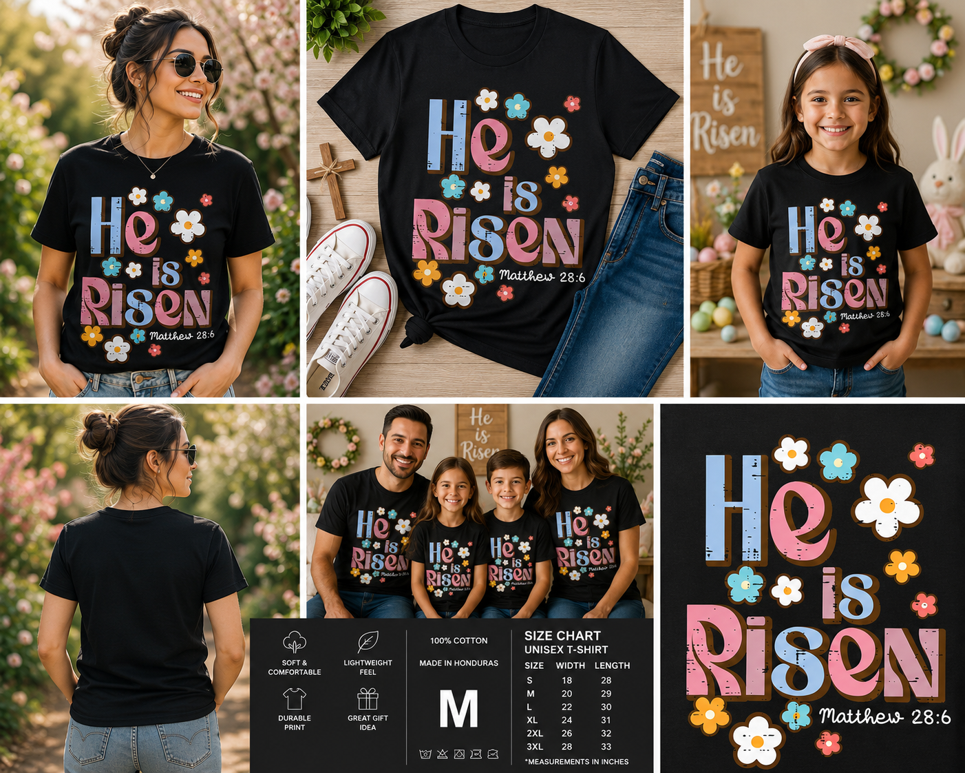 He Is Risen Christian Easter T-Shirt – Retro Floral Faith Shirt for Women, Girls & Kids