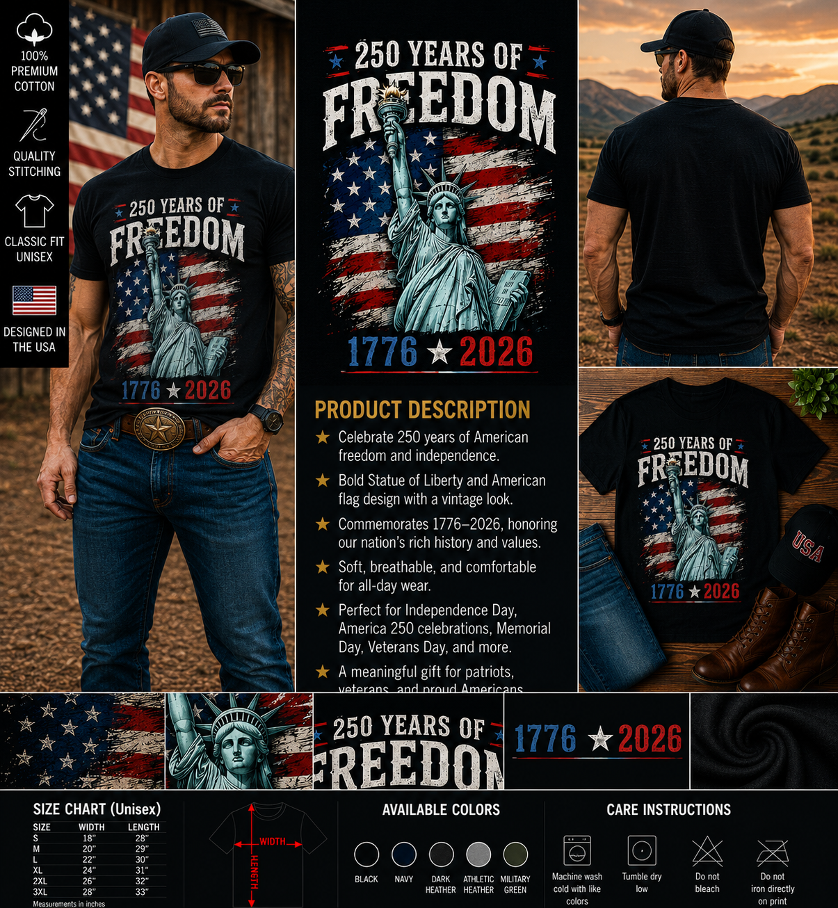 250 Years of Freedom Statue of Liberty 1776–2026 Patriotic Independence T-Shirt