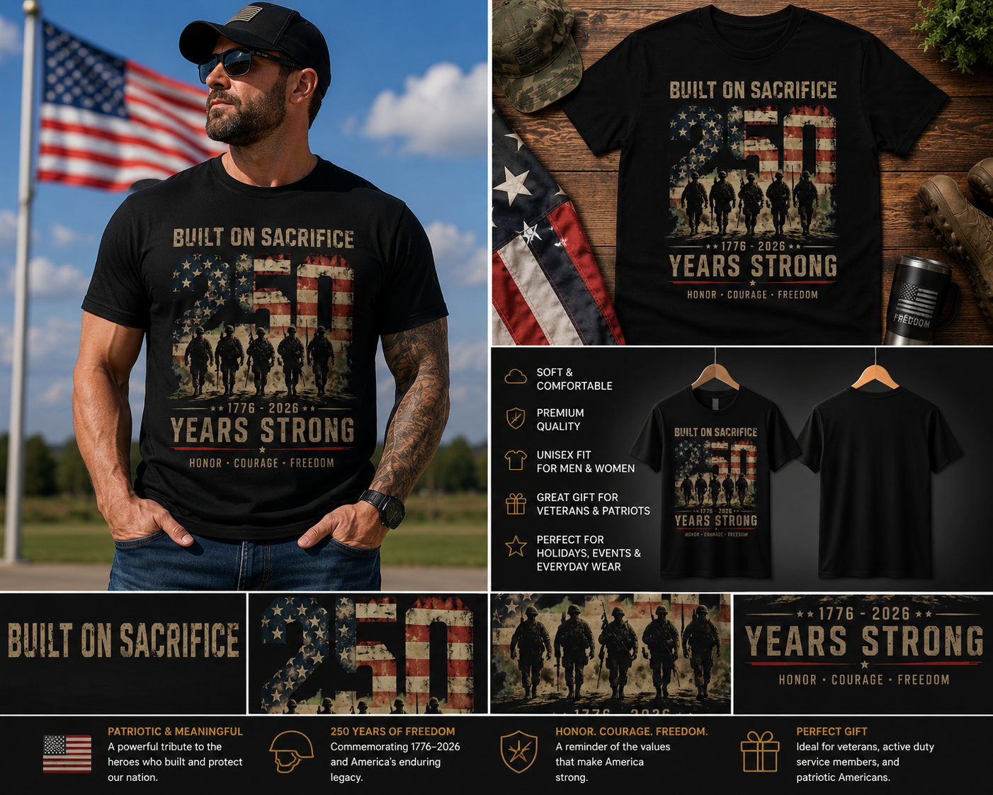 Built on Sacrifice USA 250th Anniversary Shirt – 250 Years Strong Patriotic Military Tribute T-Shirt