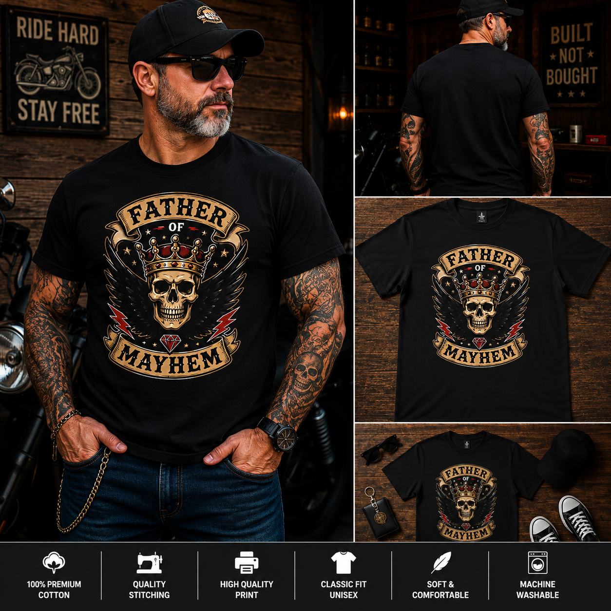 Father of Mayhem Skull Graphic T-Shirt for Dads – Funny Rocker Dad Vintage Gothic Tee