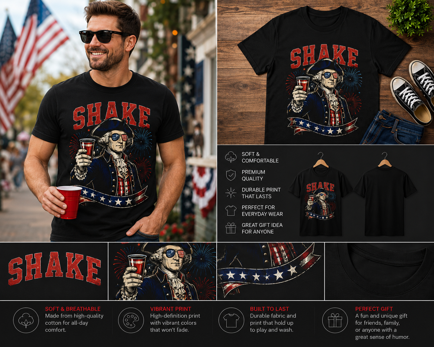 Funny Shake 4th of July George Washington Patriotic T-Shirt | Independence Day Party Tee
