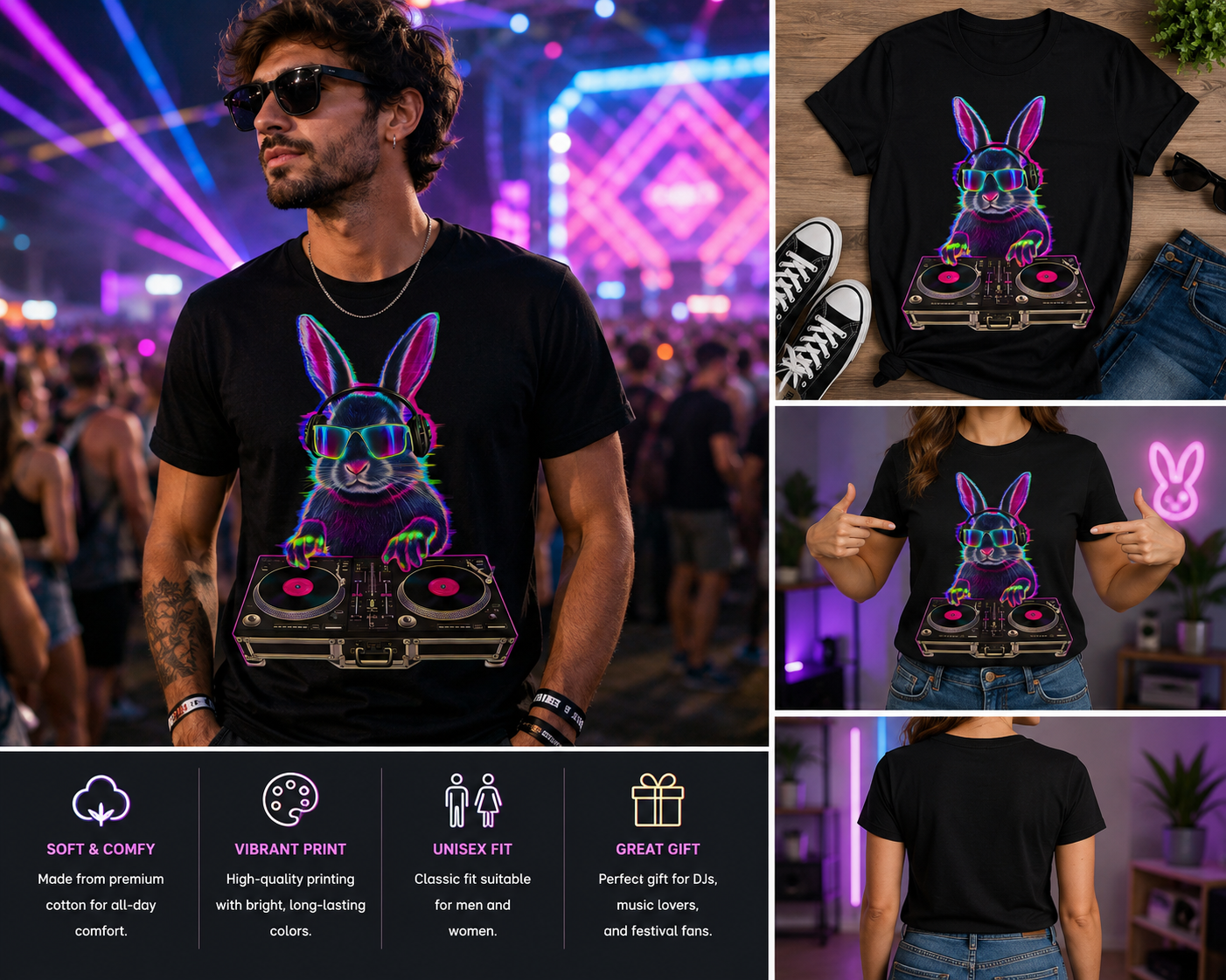 DJ Bunny Easter Shirt – House Music Festival Rabbit T-Shirt – EDM Techno Rave Bunny Graphic Tee – Neon Easter Party Shirt
