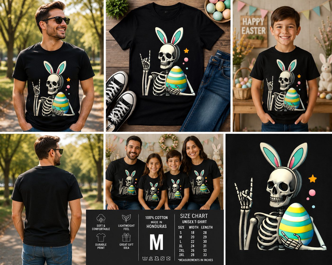 Funny Easter Skeleton Bunny T-Shirt – Rock Hand Skull Easter Egg Graphic Tee for Boys, Men & Teens
