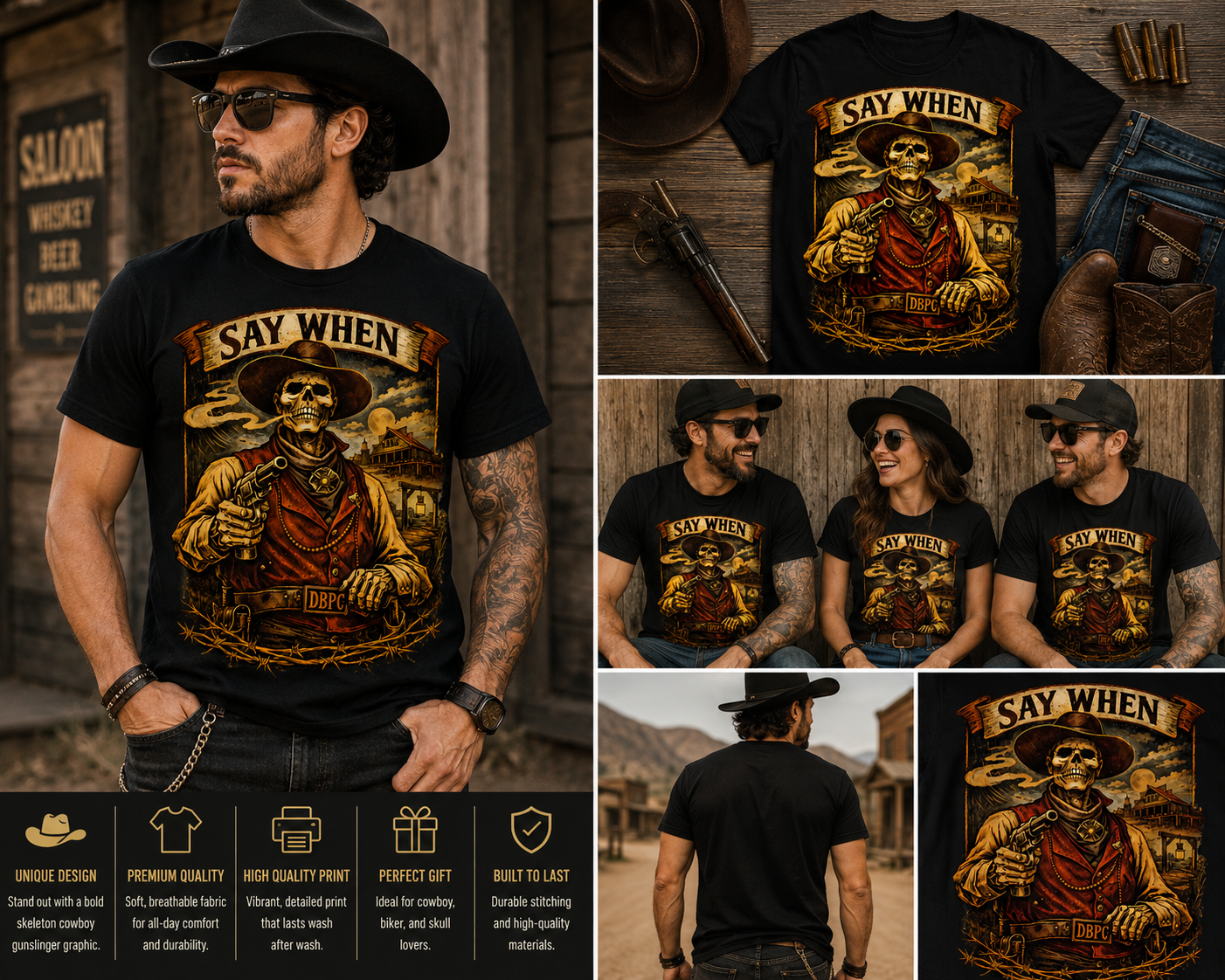 Say When Skeleton Cowboy Western Graphic T-Shirt, Vintage Skull Gunslinger Tee, Funny Wild West Outlaw Shirt for Men Women