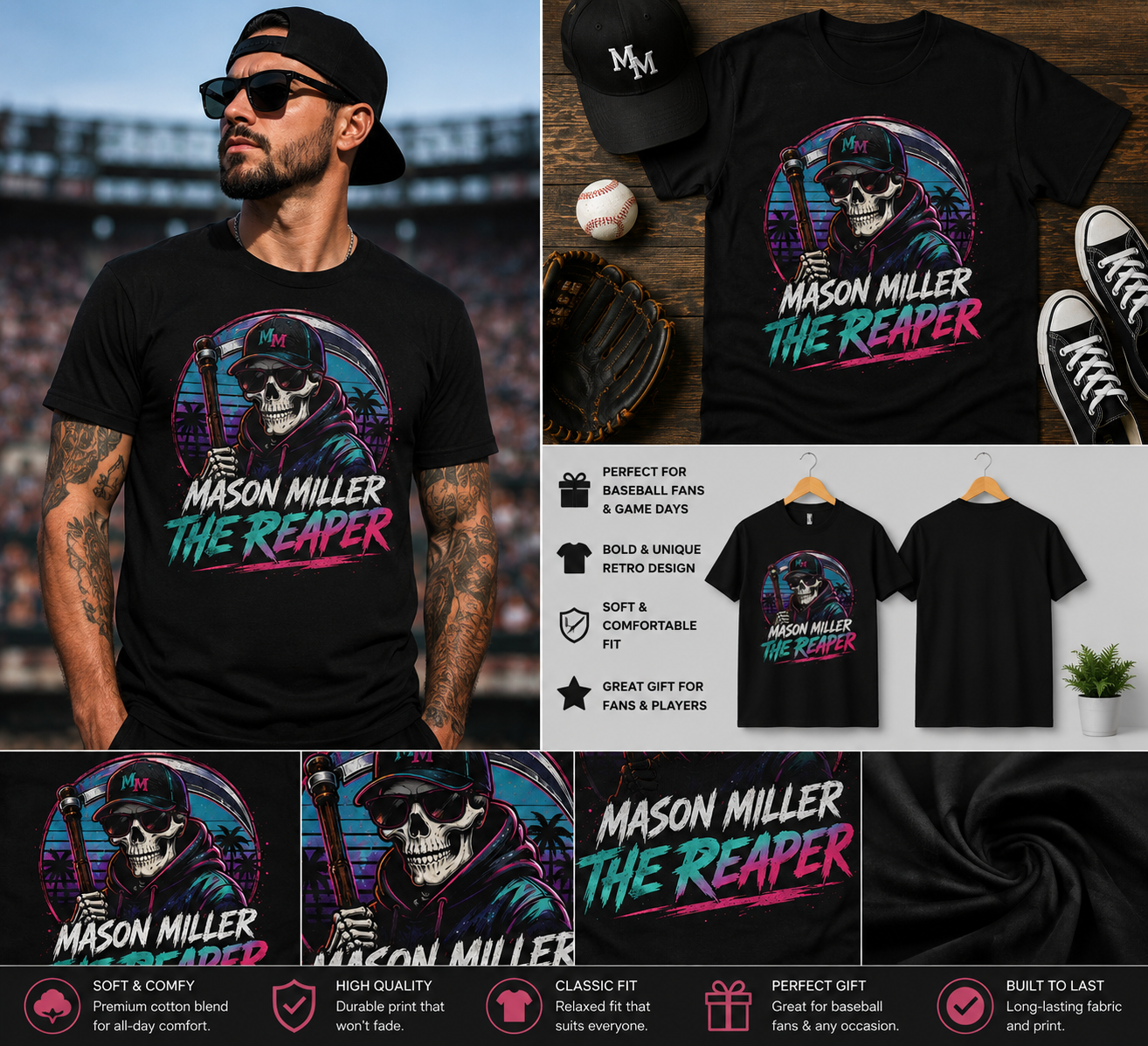 Mason Miller The Reaper Retro Neon Baseball Fan T-Shirt