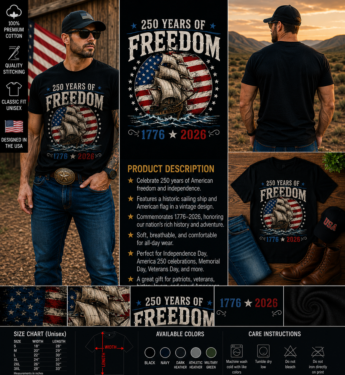 250 Years of Freedom 1776–2026 Patriotic Sailing Ship American Independence T-Shirt