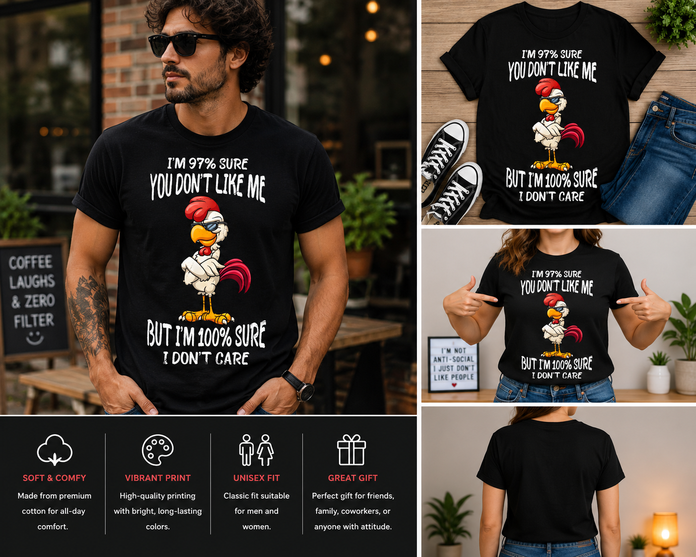 I’m 97% Sure You Don’t Like Me Shirt – Funny Sarcastic Chicken T-Shirt – I Don’t Care Humor Graphic Tee – Attitude Quote Shirt