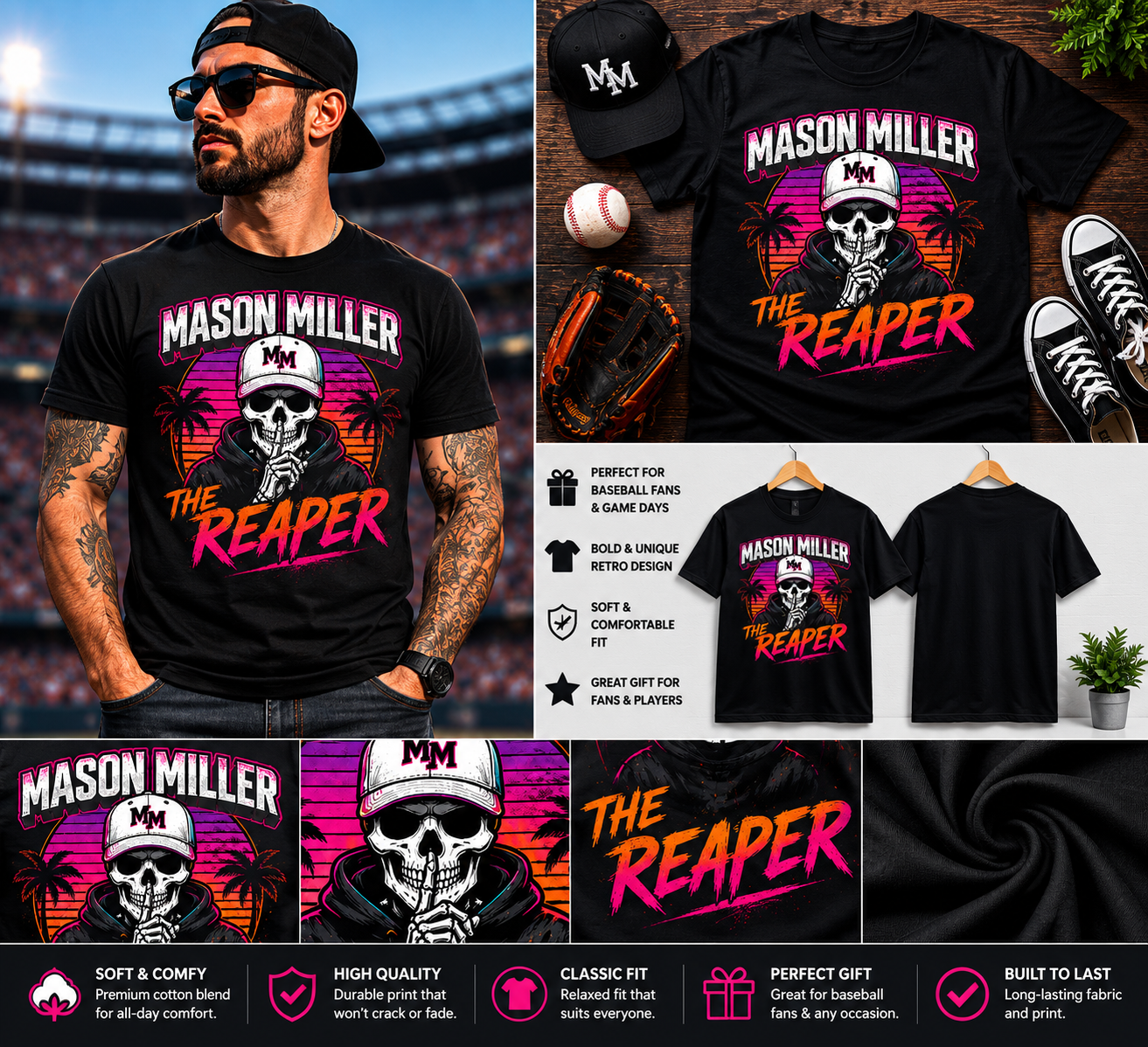 Mason Miller The Reaper Retro Sunset Skull Baseball Fan T-Shirt