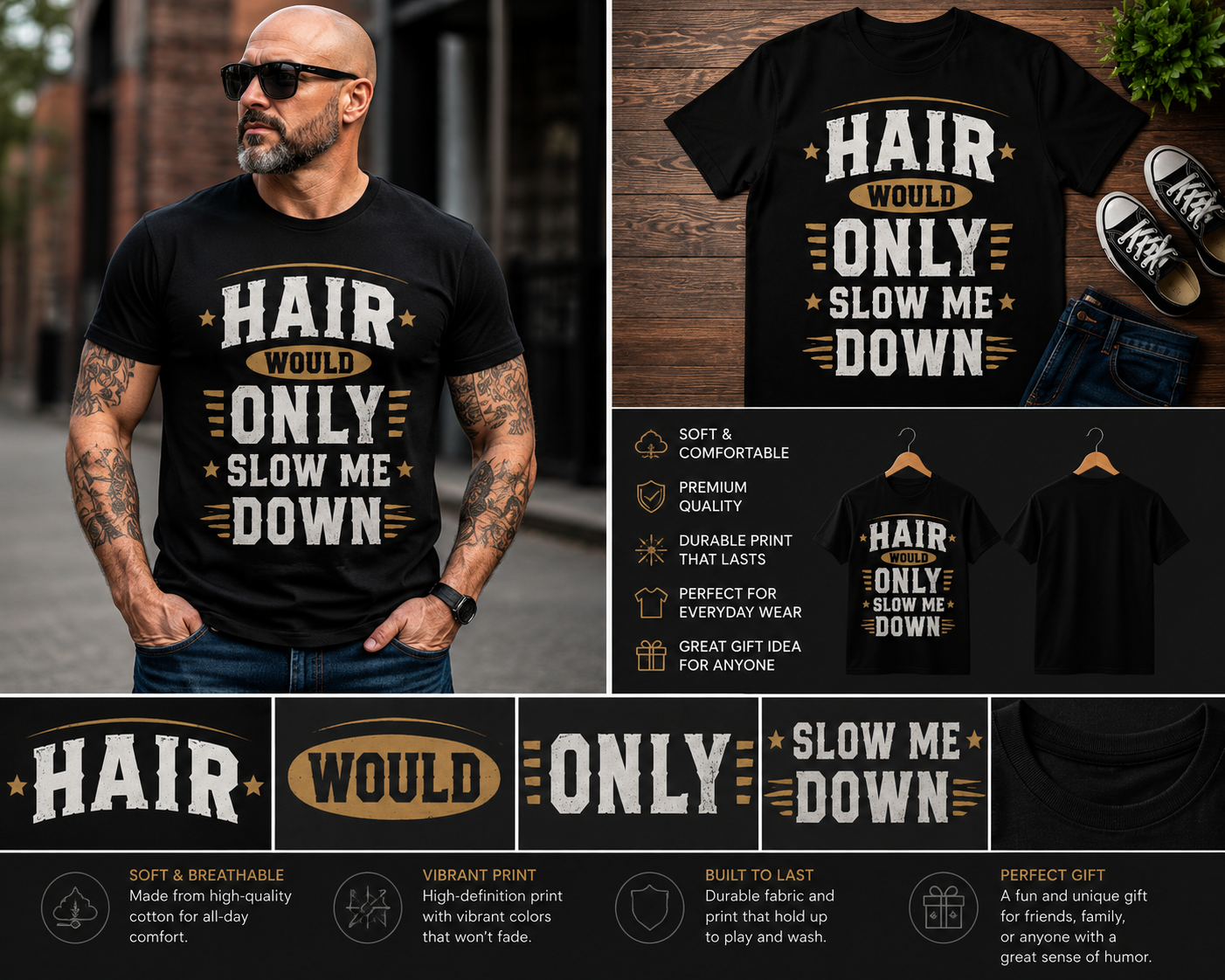 Hair Would Only Slow Me Down Funny Bald Guy T-Shirt | Humorous Shaved Head Graphic Tee