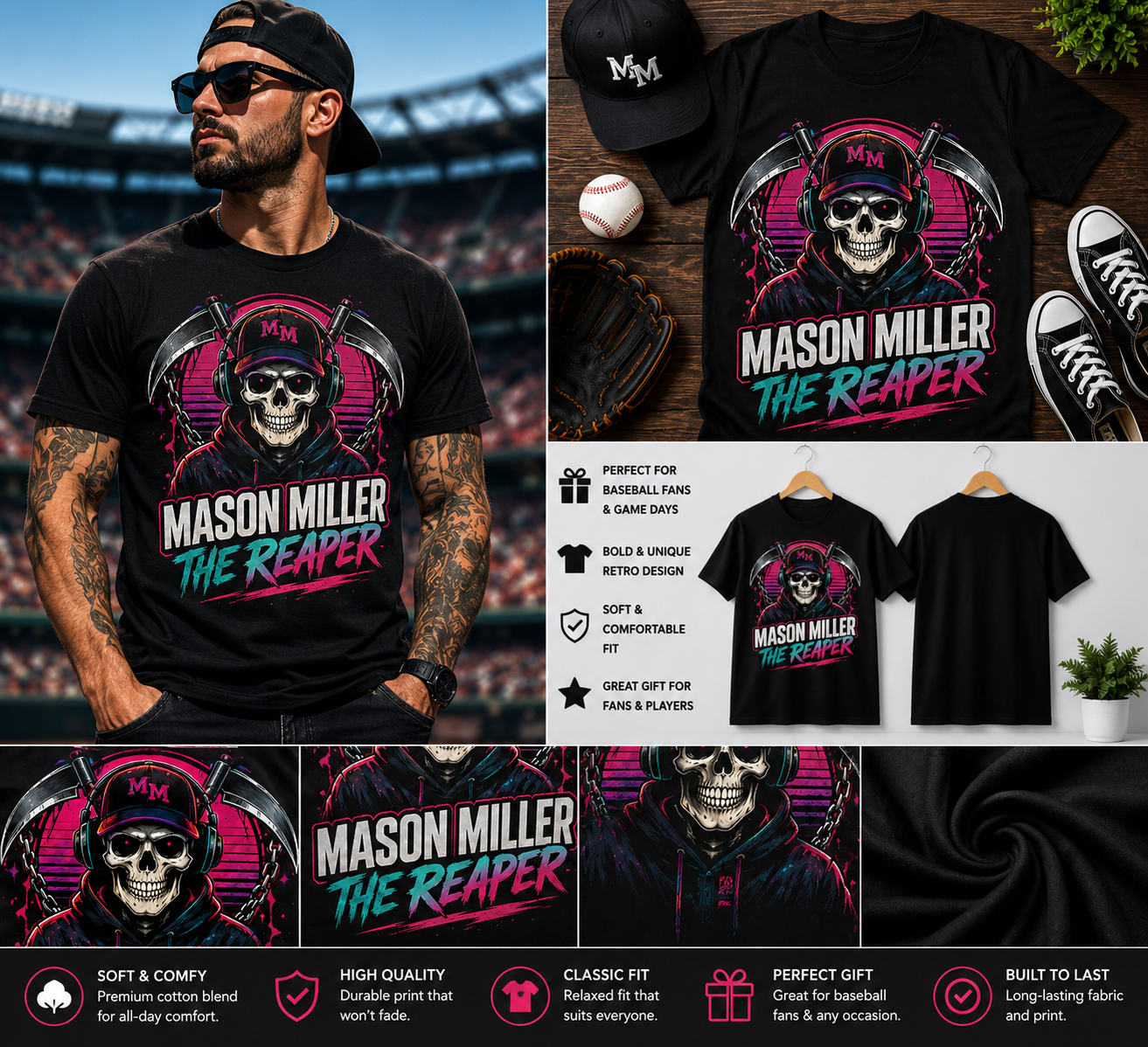 Mason Miller The Reaper Neon Skull Baseball Graphic T-Shirt