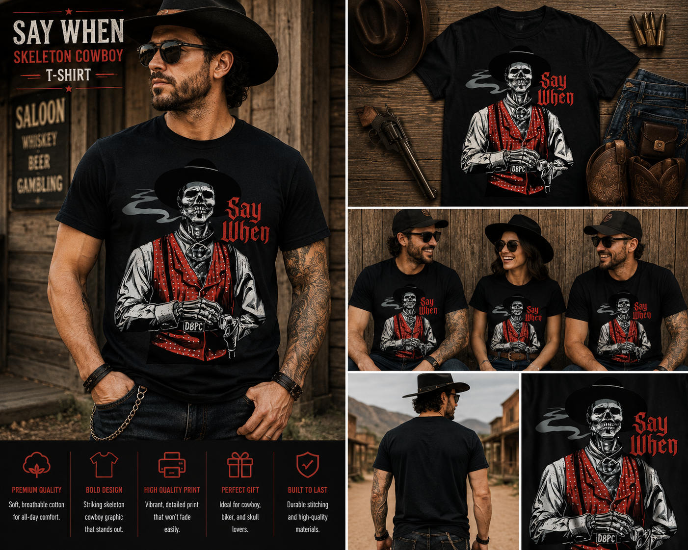 Say When Skeleton Cowboy T-Shirt – Vintage Western Skull Graphic Tee for Men & Women