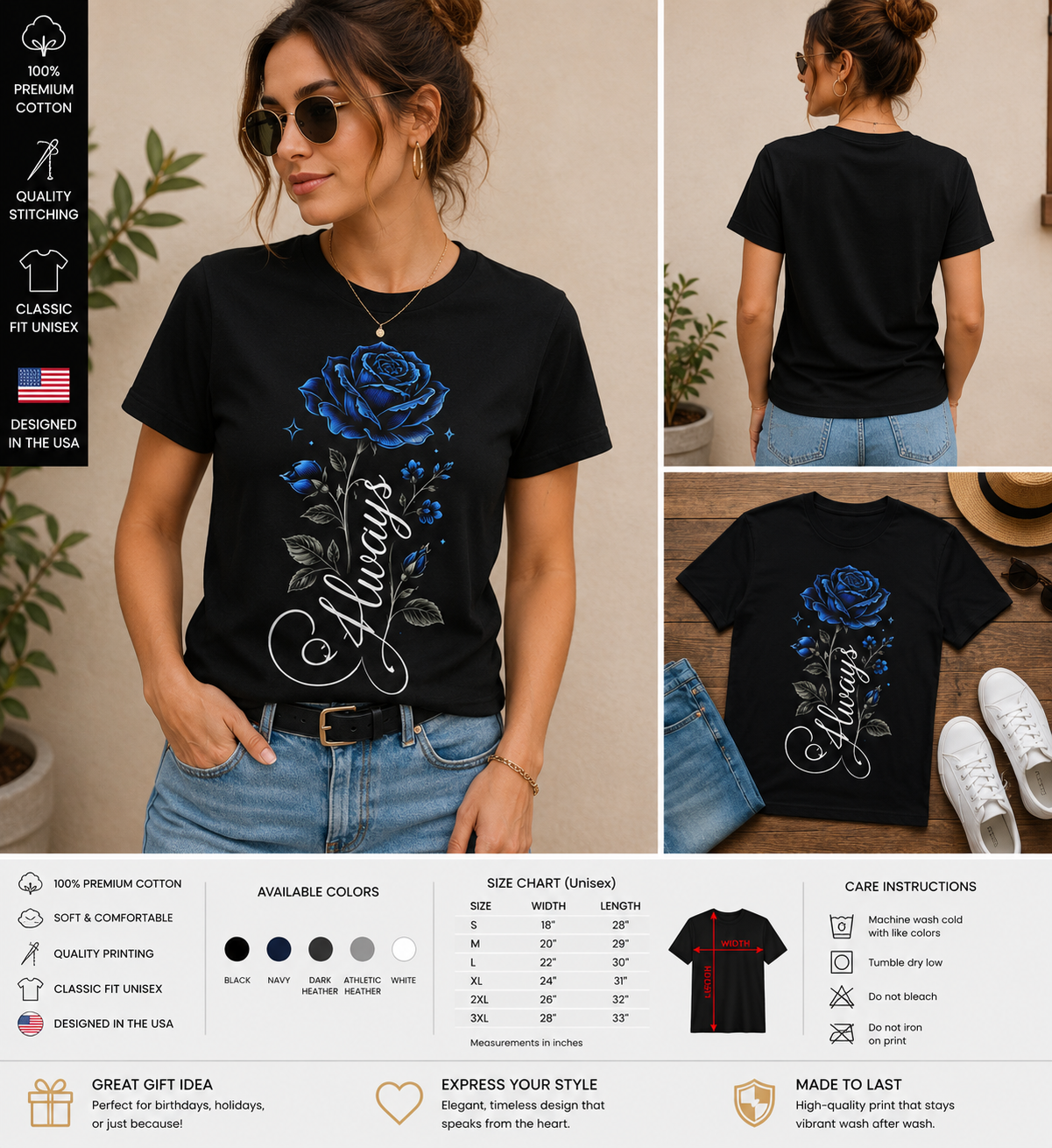 Always Blue Rose Floral Vintage Aesthetic Graphic T-Shirt