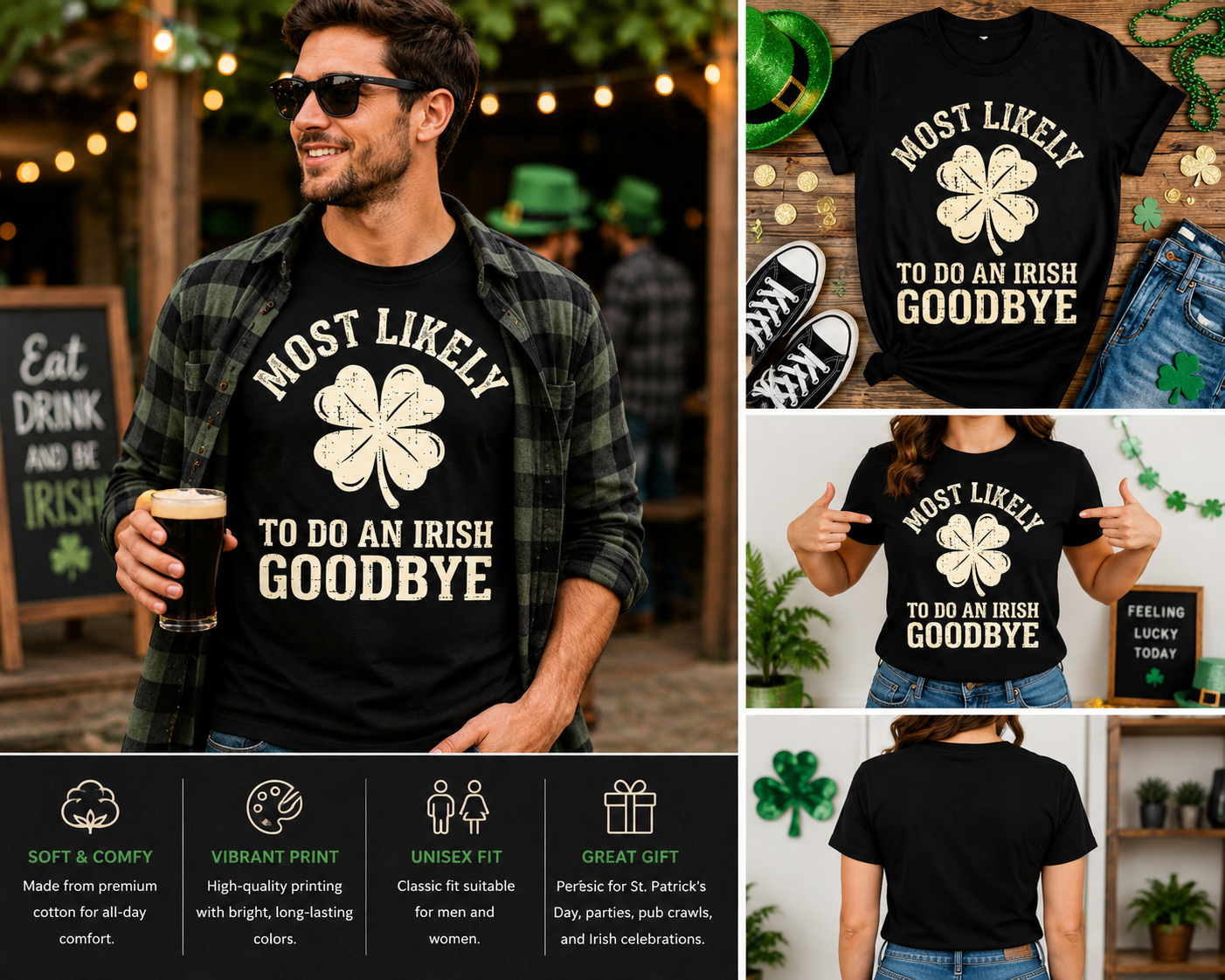 Most Likely To Do An Irish Goodbye Shirt – Funny St. Patrick’s Day Graphic Tee – Irish Exit Humor T-Shirt – Shamrock Clover Party Shirt