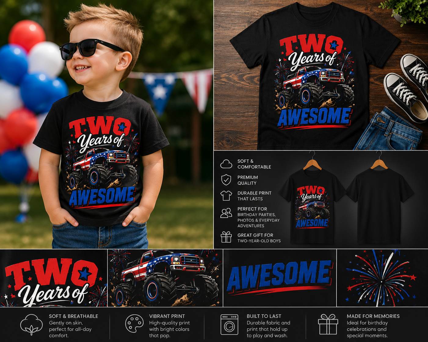 2nd Birthday Boy Monster Truck Shirt – Two Years of Awesome 4th of July T-Shirt for Toddlers | Red White Blue Birthday Truck Tee