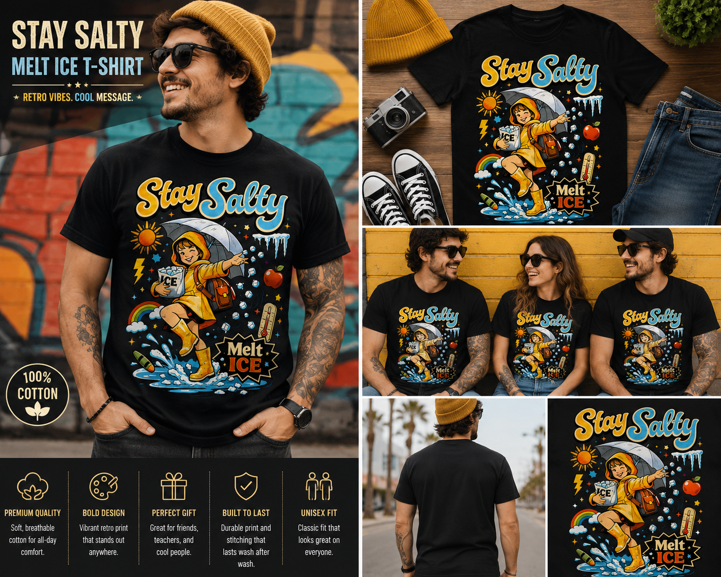Stay Salty Melt ICE T-Shirt – Funny Retro Weather Graphic Tee for Men & Women