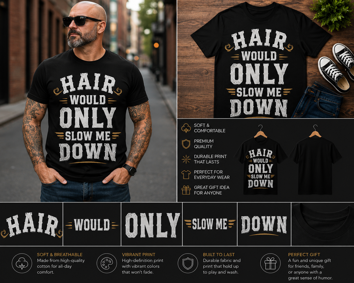 Hair Would Only Slow Me Down Funny Bald Humor T-Shirt | Vintage Bald Guy Quote Graphic Tee