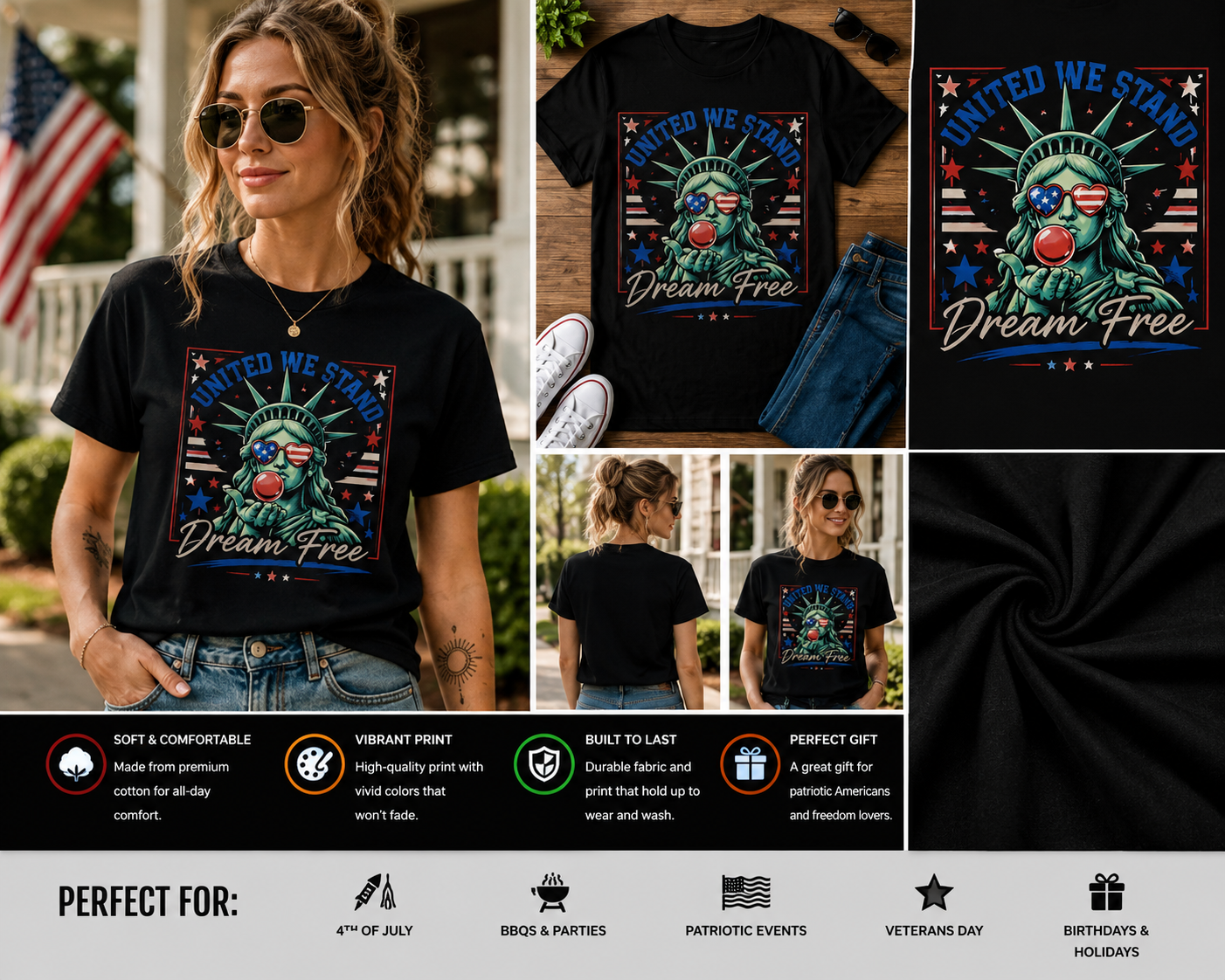 United We Stand Dream Free Statue of Liberty Patriotic 4th of July T-Shirt