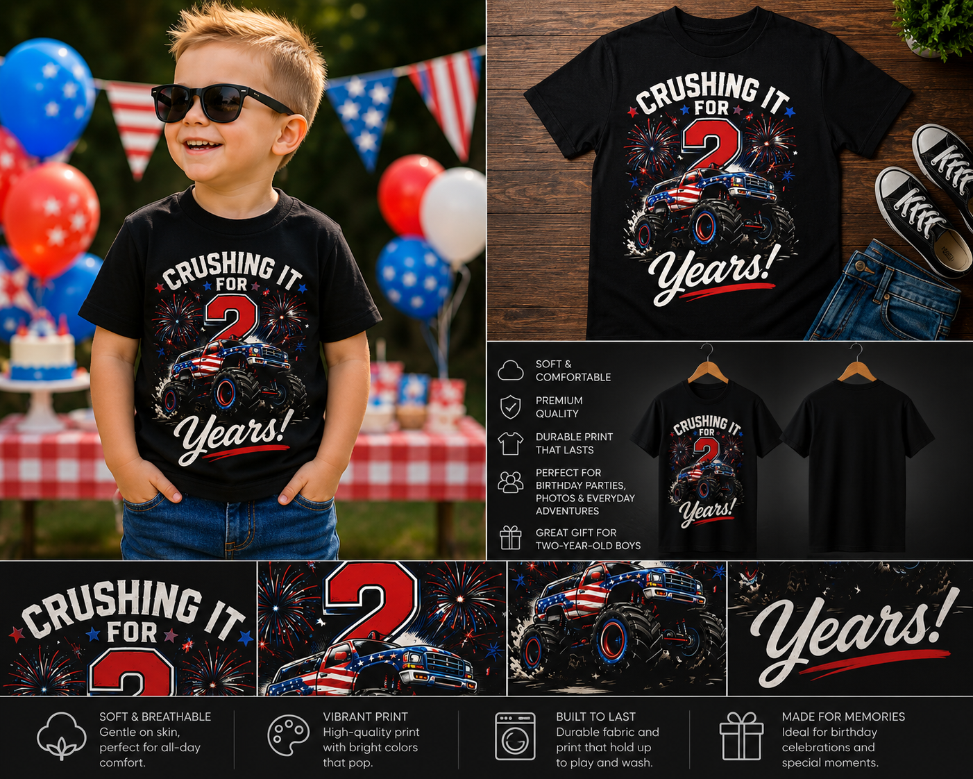 Crushing It for 2 Years Monster Truck Birthday Shirt – 2nd Birthday Boy 4th of July T-Shirt | Patriotic Monster Truck Toddler Tee