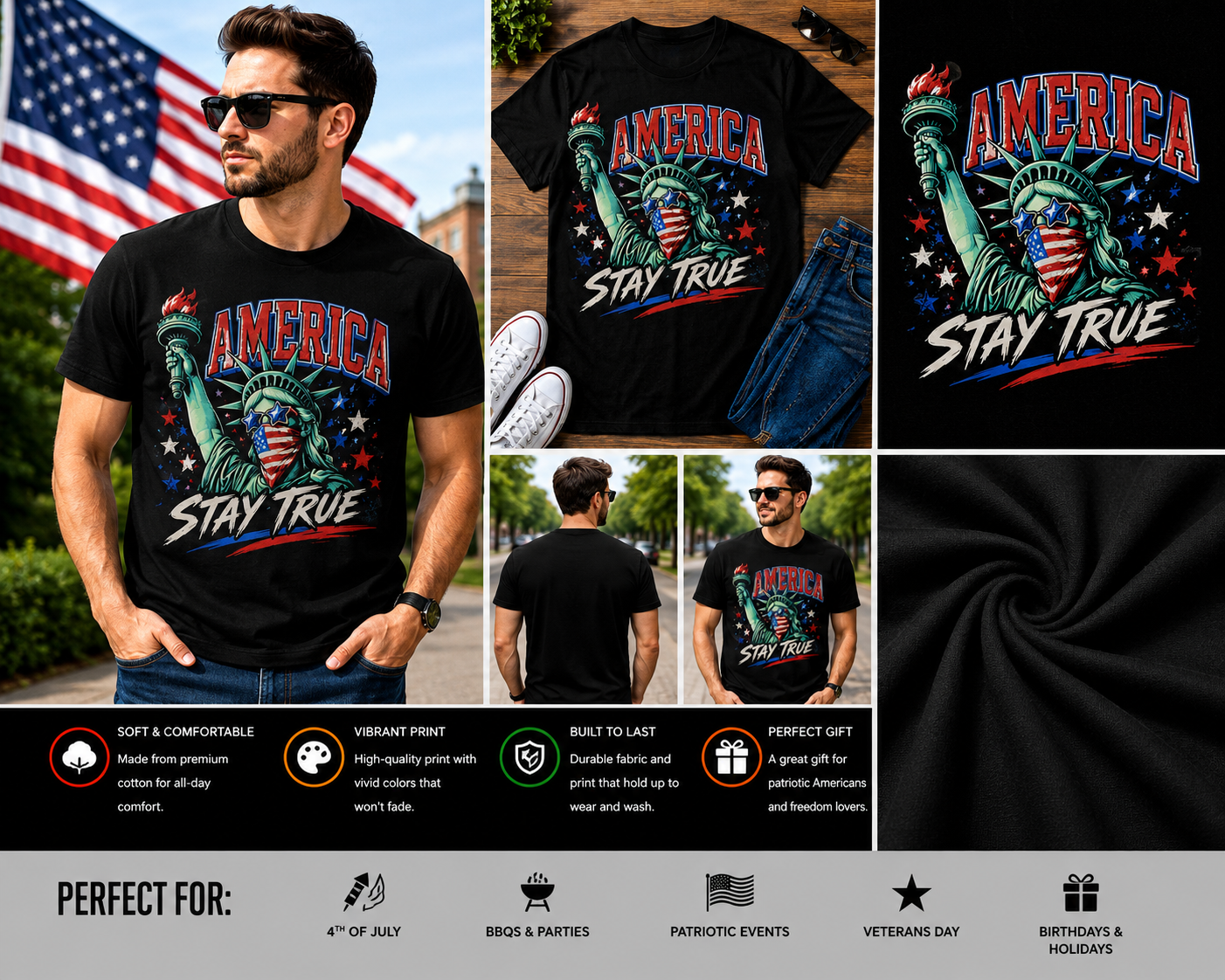 America Stay True Statue of Liberty Patriotic USA 4th of July T-Shirt