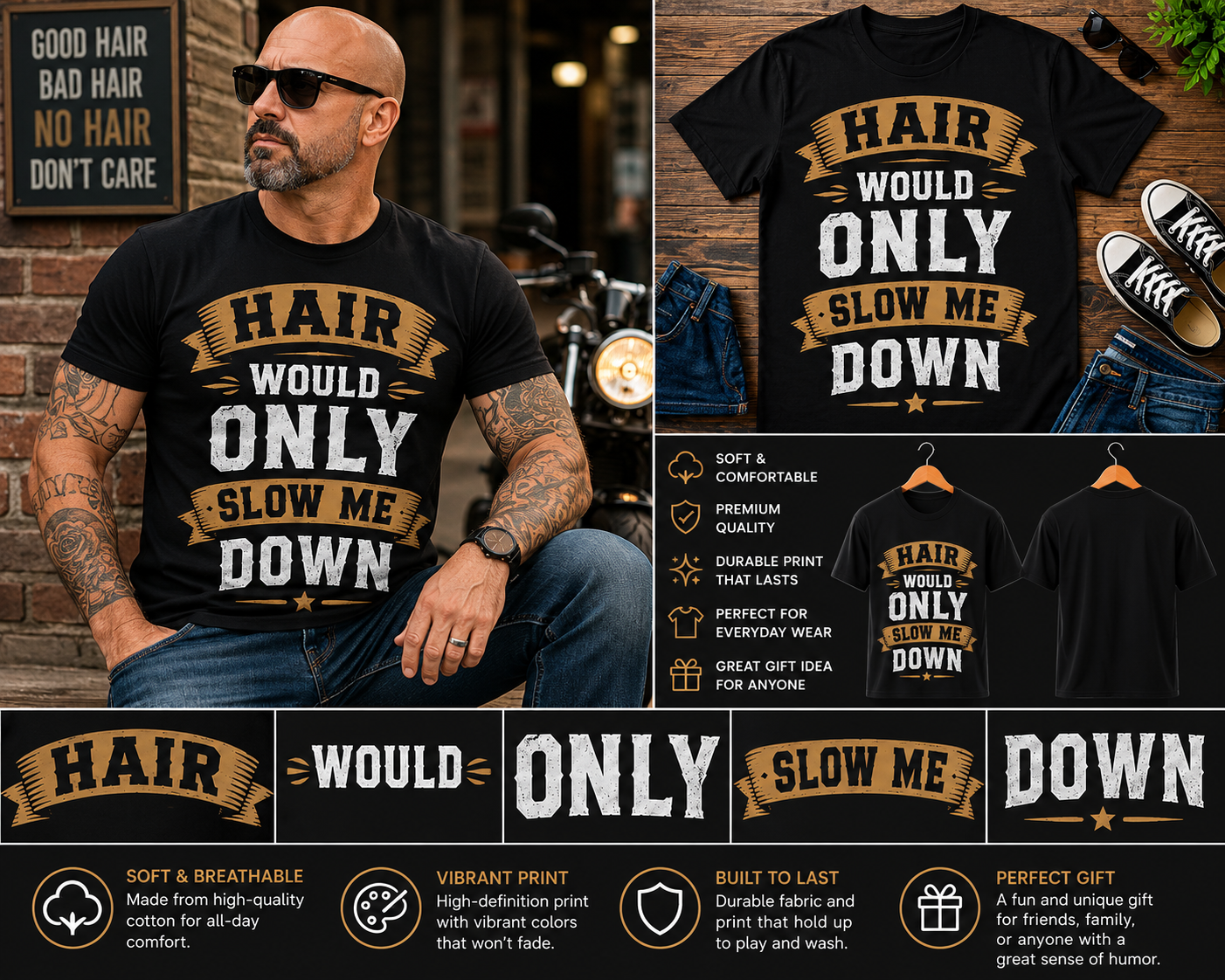 Hair Would Only Slow Me Down Funny Bald Guy T-Shirt | Vintage Retro Humor Graphic Tee