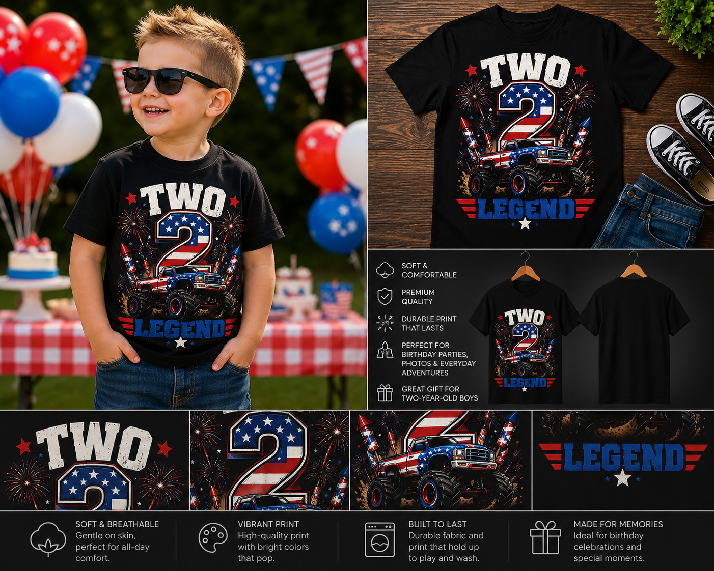 Two Legend Monster Truck Birthday Shirt – 2nd Birthday Boy 4th of July T-Shirt | Patriotic Monster Truck Toddler Birthday Tee